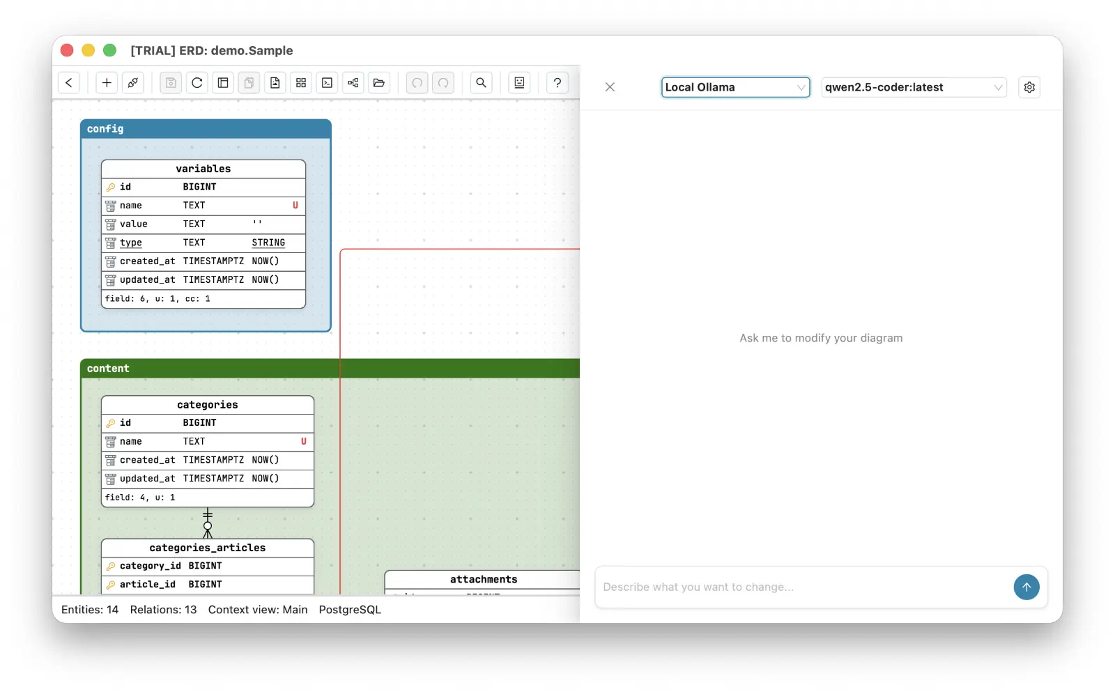 Schemity's AI chat panel with the provider set to Local Ollama and a locally installed qwen2.5-coder model selected, ready to modify the diagram with no cloud calls