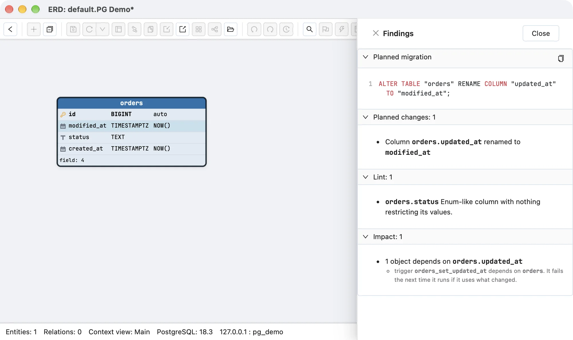 Schemity's change preview for renaming orders.updated_at to modified_at on a connected PostgreSQL 18.3 database: the planned migration is ALTER TABLE orders RENAME COLUMN updated_at TO modified_at, and the Impact section lists one object depending on orders.updated_at, the trigger orders_set_updated_at, which fails the next time it runs if it uses what changed