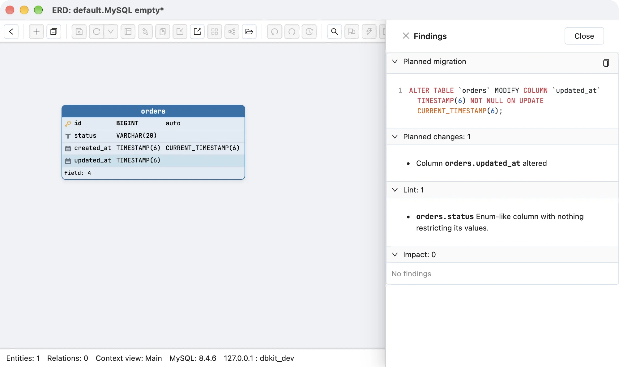 Schemity's change preview for orders on a connected MySQL 8.4 database after removing the default of updated_at: the Findings drawer's planned migration reads ALTER TABLE orders MODIFY COLUMN updated_at TIMESTAMP(6) NOT NULL ON UPDATE CURRENT_TIMESTAMP(6), with one planned change, column orders.updated_at altered, and no impact findings