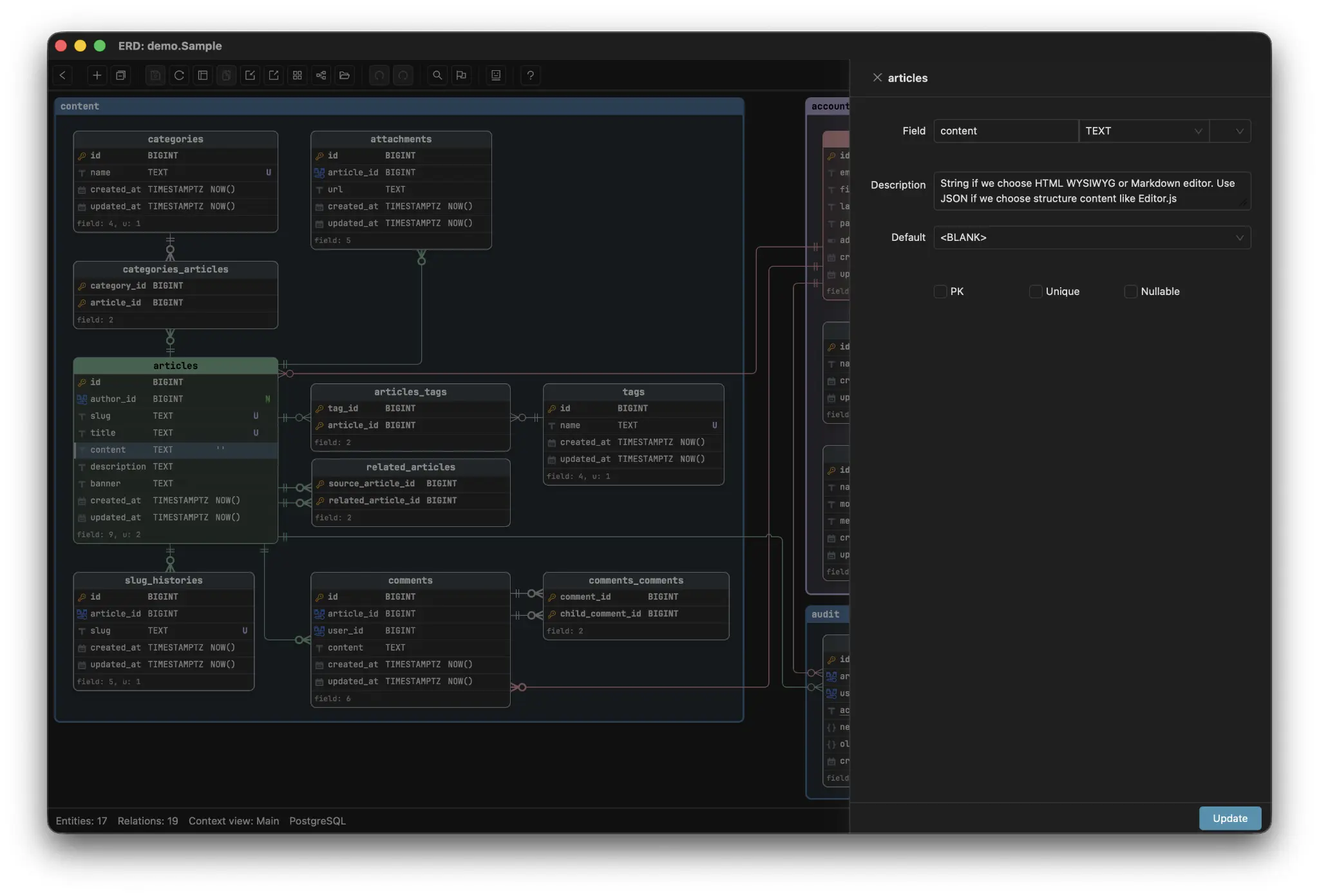 The field editor for articles.content in Schemity, with the Description box reading: String if we choose HTML WYSIWYG or Markdown editor. Use JSON if we choose structure content like Editor.js - alongside the field name, TEXT type, BLANK default and the PK, Unique and Nullable checkboxes
