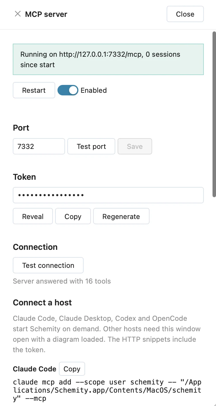 Schemity's MCP server drawer: Running on http://127.0.0.1:7332/mcp, the server enabled on port 7332, the bearer token hidden behind Reveal, Copy and Regenerate, Test connection reporting Server answered with 16 tools, and under Connect a host the Claude Code command claude mcp add --scope user schemity -- "/Applications/Schemity.app/Contents/MacOS/schemity" --mcp