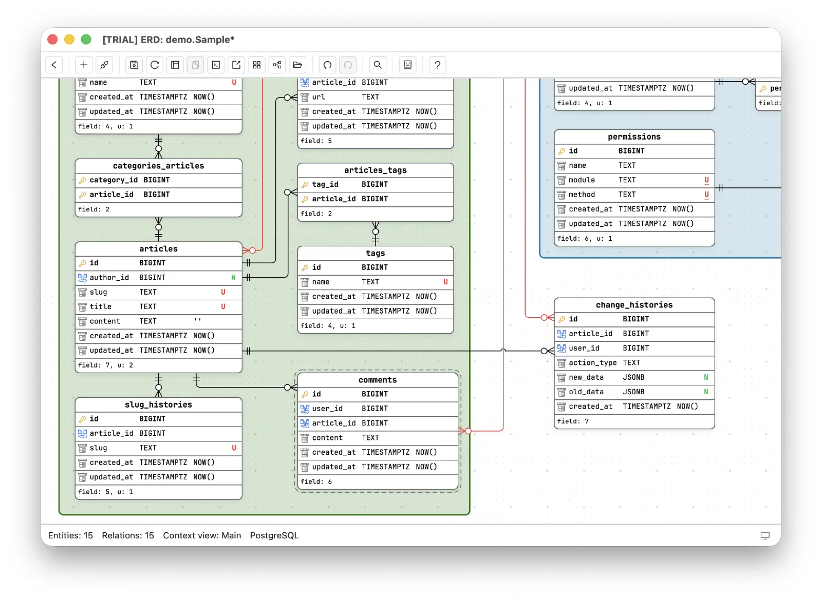 A live-connected Schemity diagram where a newly added comments entity wears a dashed border while every table the database has confirmed stays solid - the draft is visible at a glance before any migration runs
