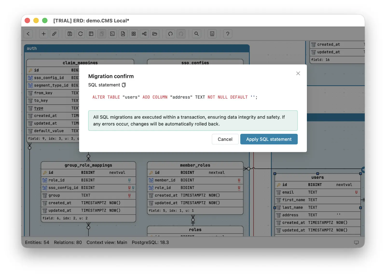 Schemity's Migration confirm dialog after adding an address field to the users entity on the canvas - the generated ALTER TABLE statement with a copy button, and a Cancel button next to Apply SQL statement; in this workflow you copy the SQL for Claude Code and cancel