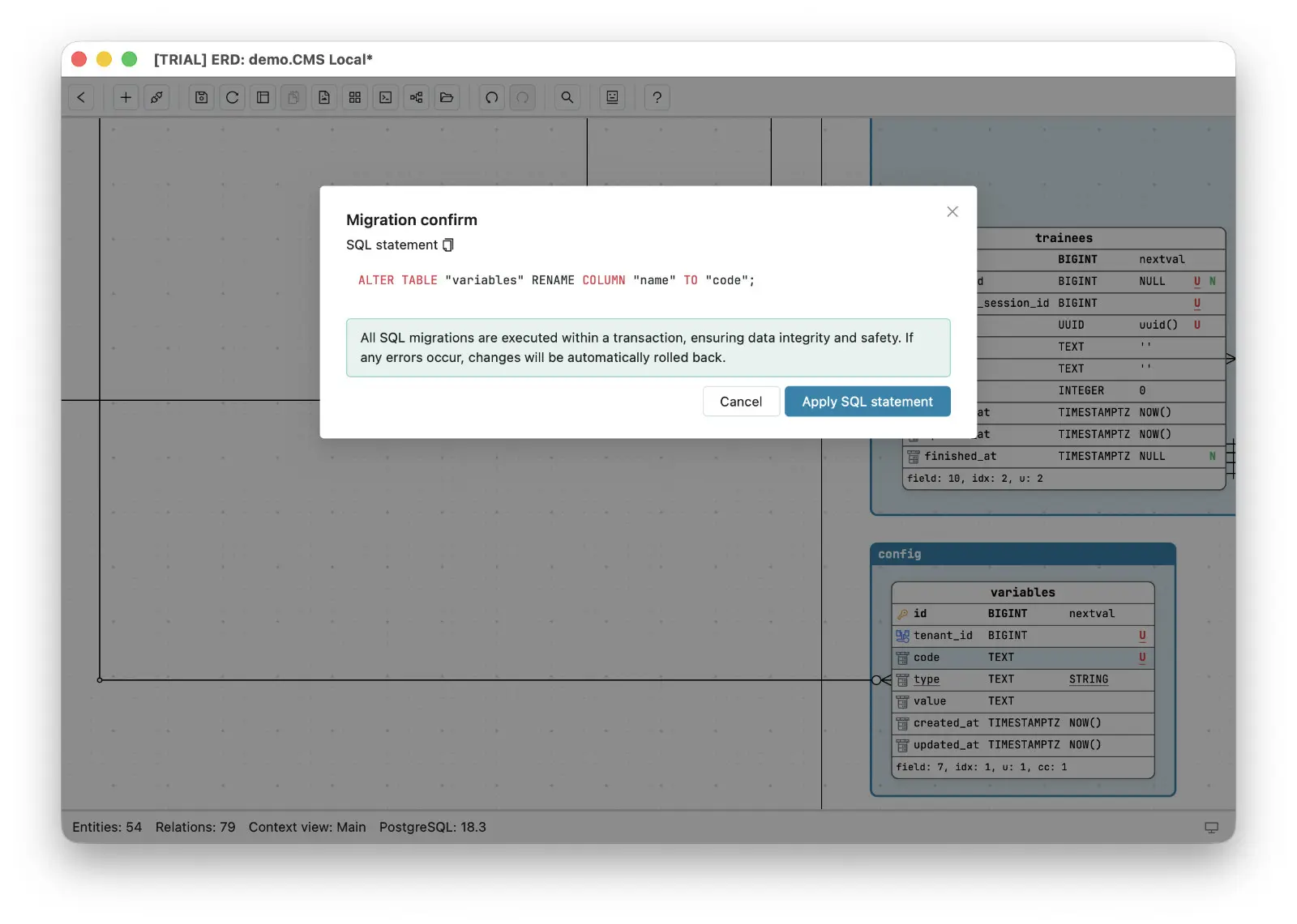 Schemity's migration confirm dialog showing the generated ALTER TABLE statement, with explicit Cancel and Apply SQL statement buttons