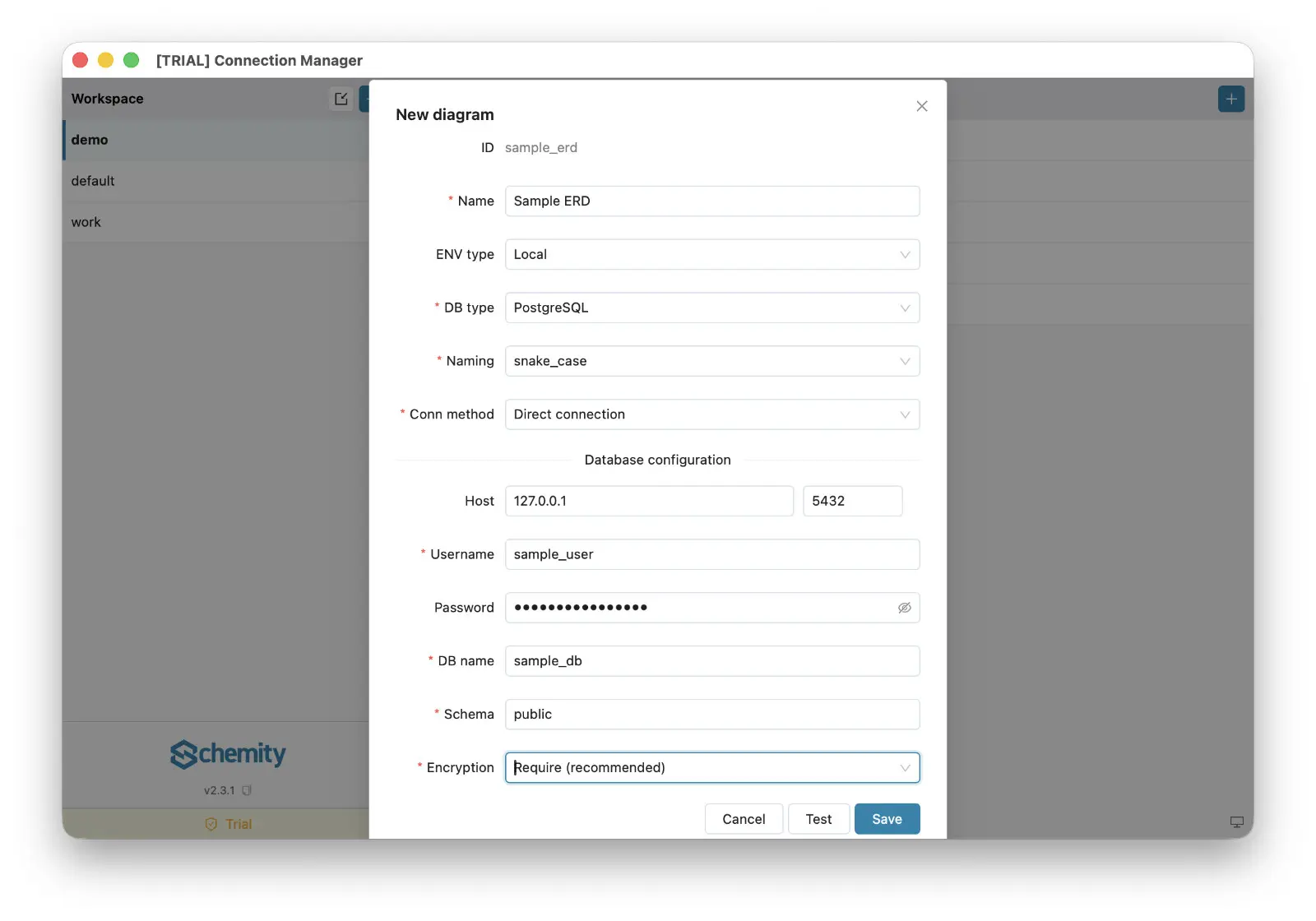 Schemity's new connection form with an environment type dropdown, connection method, database credentials, and a Test button next to Save