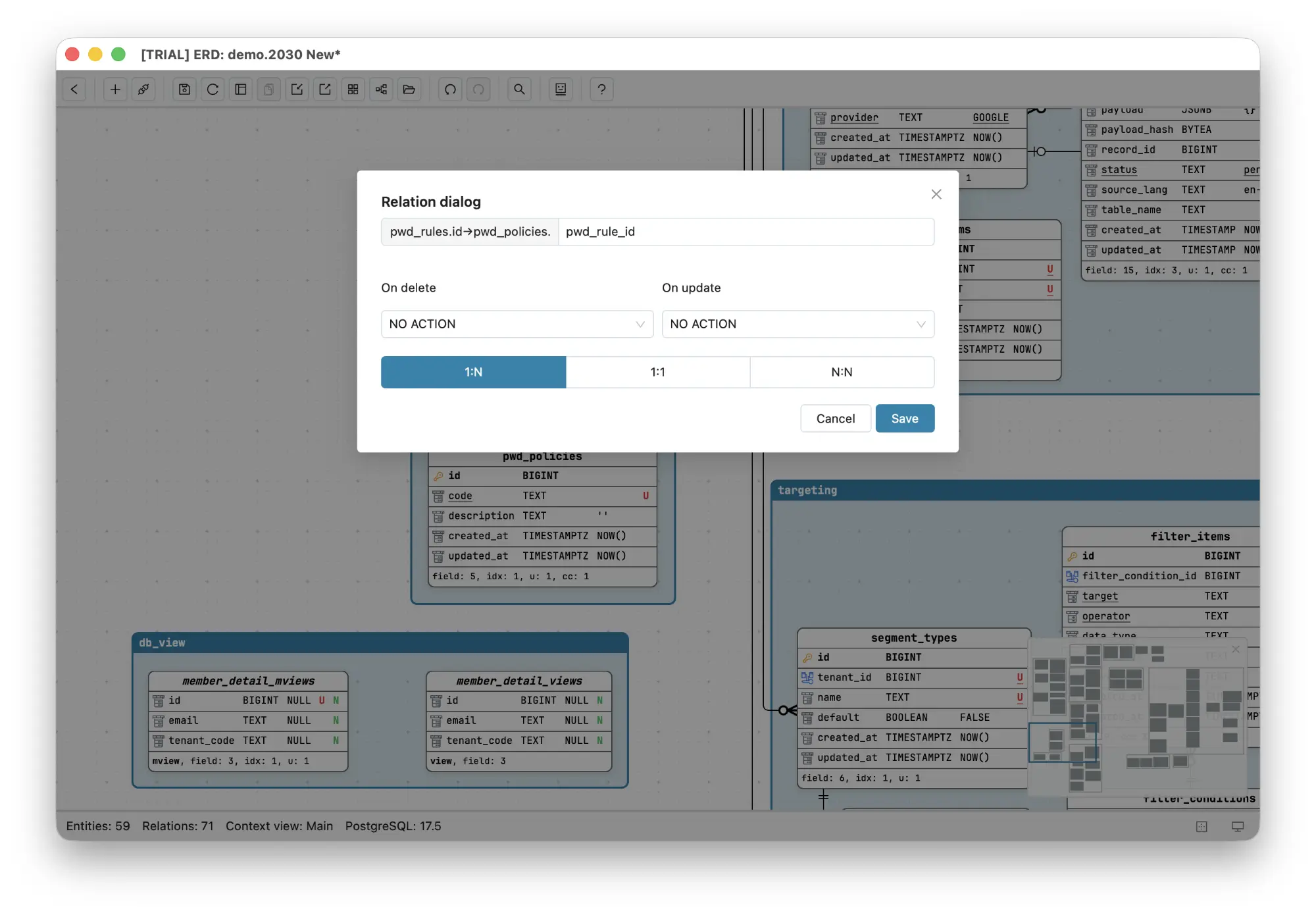 Schemity's Relation dialog open over an ERD: the relationship is shown as a fixed pwd_rules.id to pwd_policies. prefix followed by an editable foreign key field name pwd_rule_id, dropdowns for On delete and On update both set to NO ACTION, a cardinality selector offering 1:N, 1:1 and N:N with 1:N selected, and Cancel and Save buttons