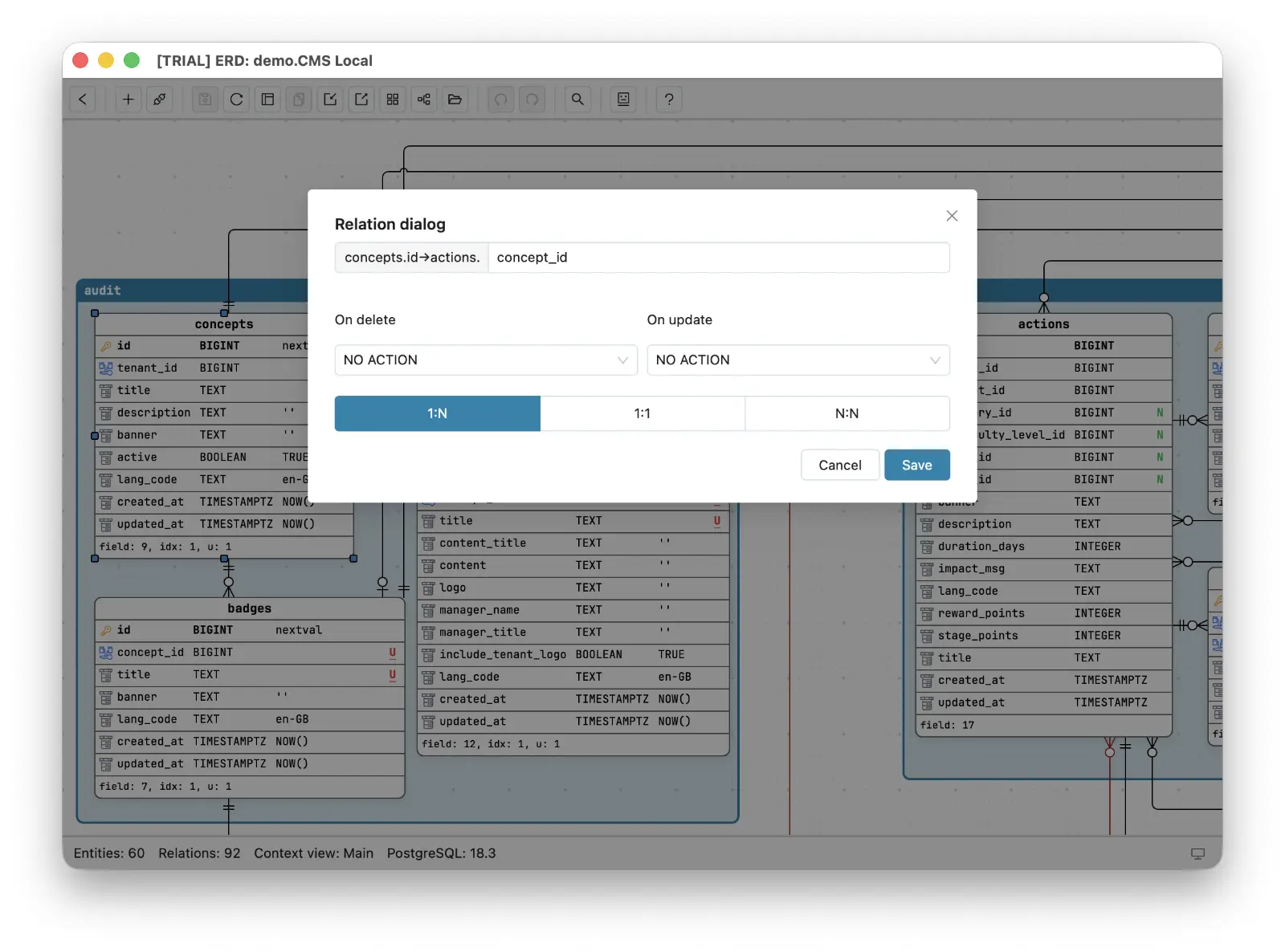 Schemity relation dialog with an auto-named foreign key and 1:N, 1:1, and N:N cardinality options