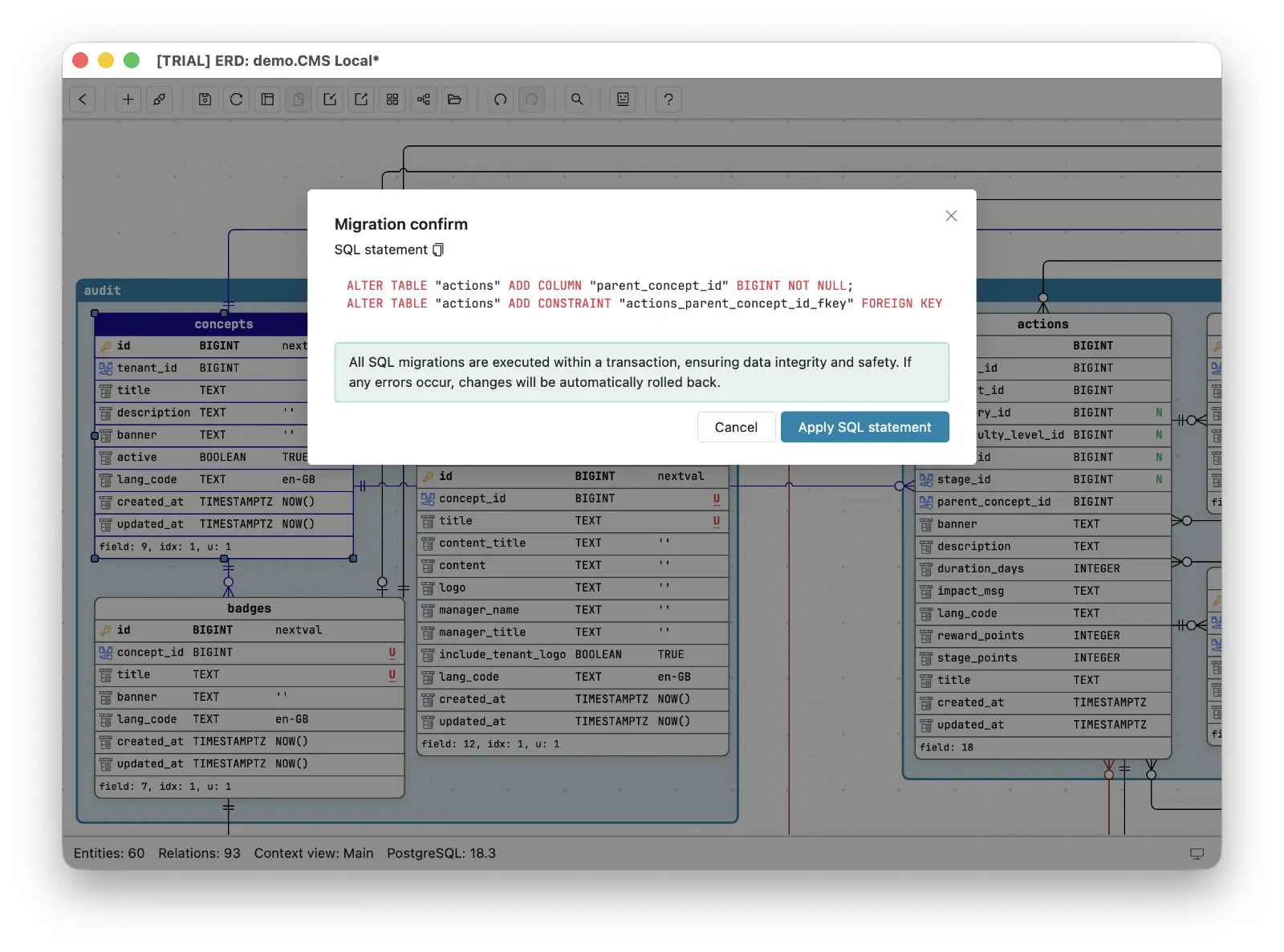 Schemity migration confirm dialog showing the exact ALTER TABLE SQL diff before applying