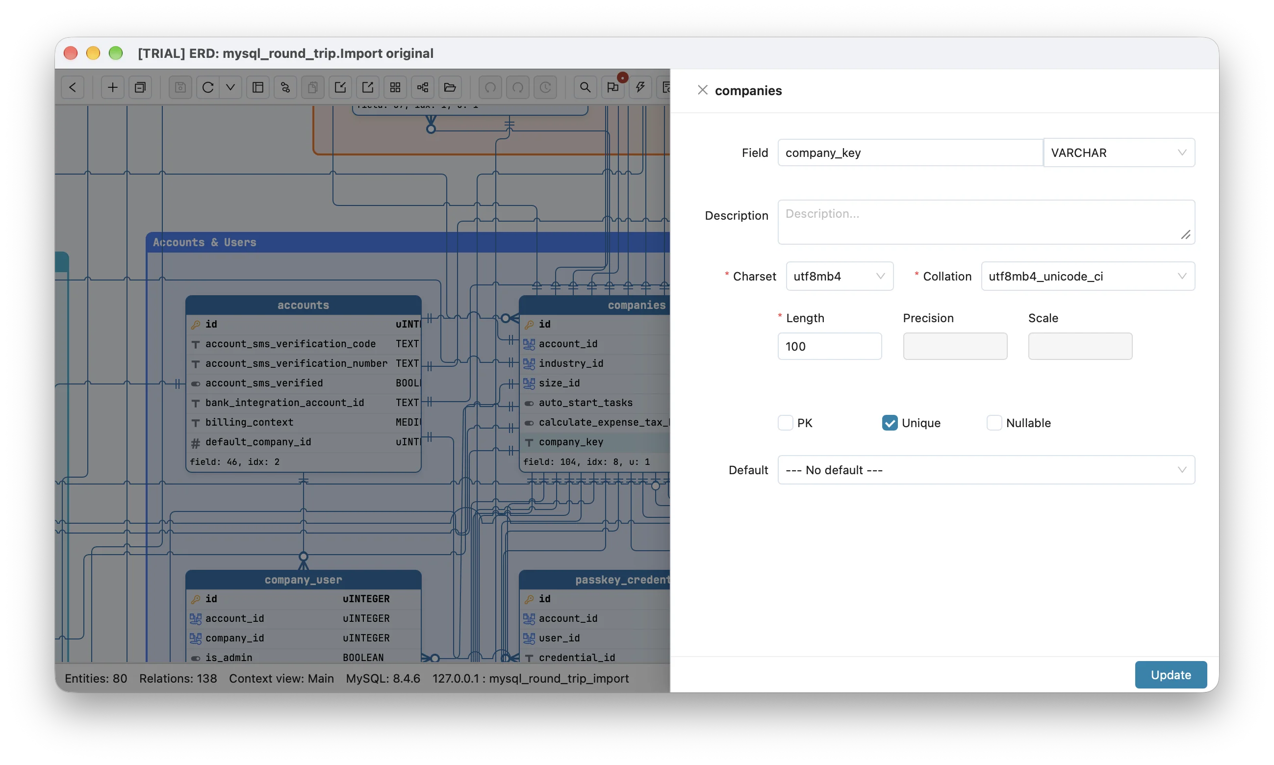 Schemity's field dialog for companies.company_key in the Invoice Ninja diagram imported from its dump: a VARCHAR of length 100, Unique, with Charset utf8mb4 and Collation utf8mb4_unicode_ci