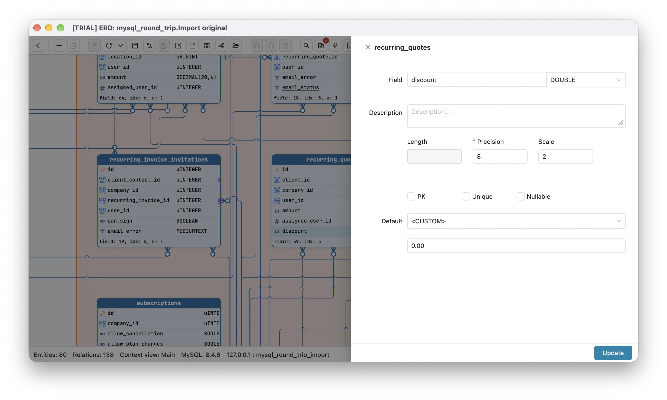Schemity's field dialog for recurring_quotes.discount in the Invoice Ninja diagram imported from its dump: a DOUBLE with Precision 8 and Scale 2 and a custom default of 0.00