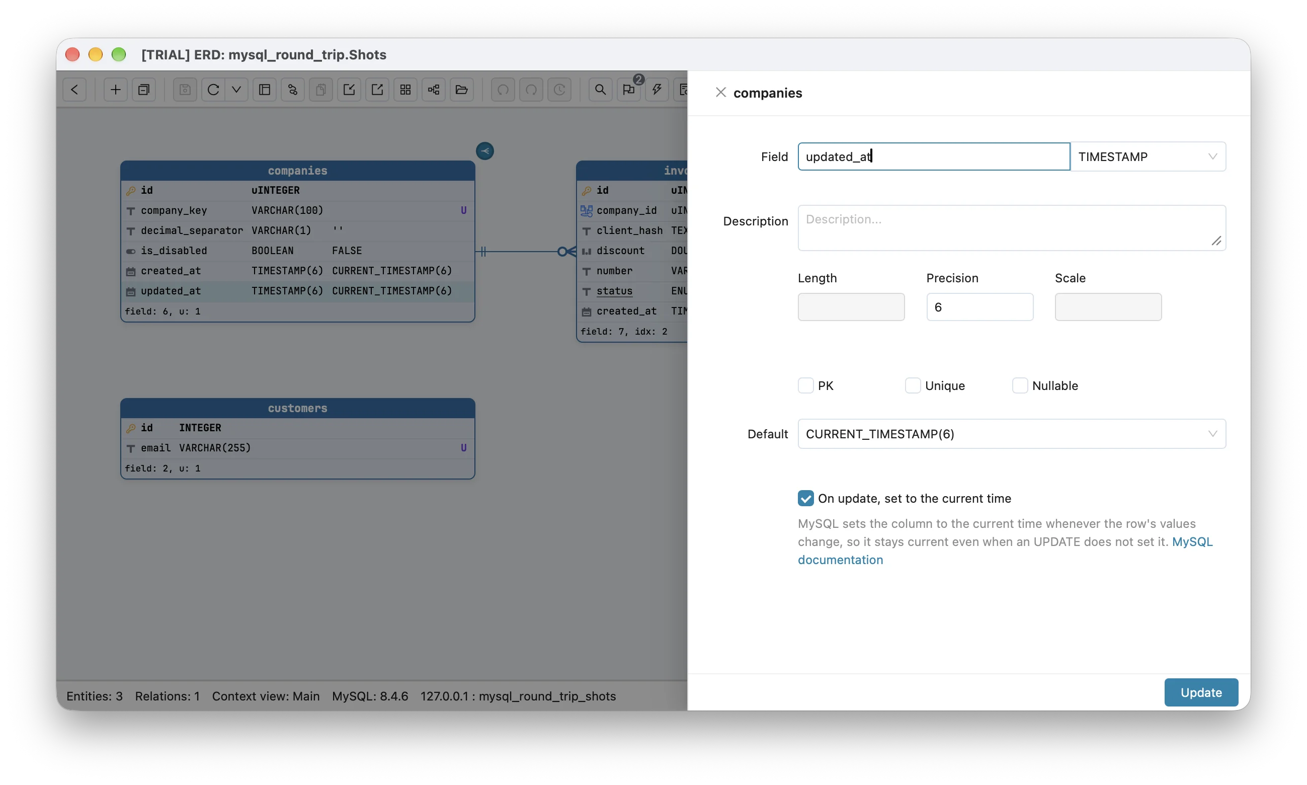 Schemity's field dialog for updated_at on a three-table test diagram: TIMESTAMP with Precision 6, Default CURRENT_TIMESTAMP(6), and On update, set to the current time ticked, with the note that MySQL sets the column whenever the row's values change and a link to the MySQL documentation