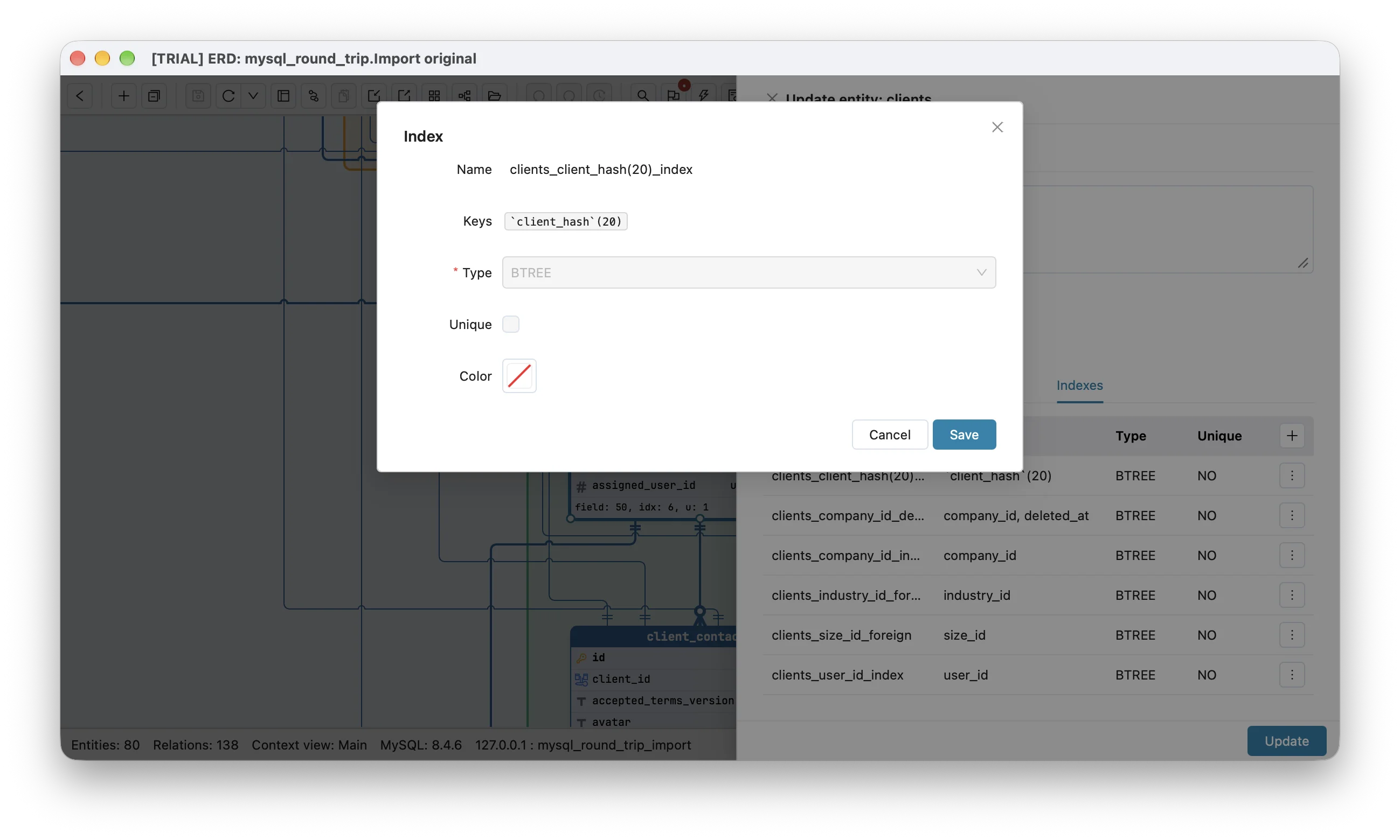 Schemity's index dialog for clients_client_hash(20)_index on Invoice Ninja's clients table, with Keys set to client_hash(20) and Type BTREE, over the table's index list, where the same index shows the key client_hash(20)