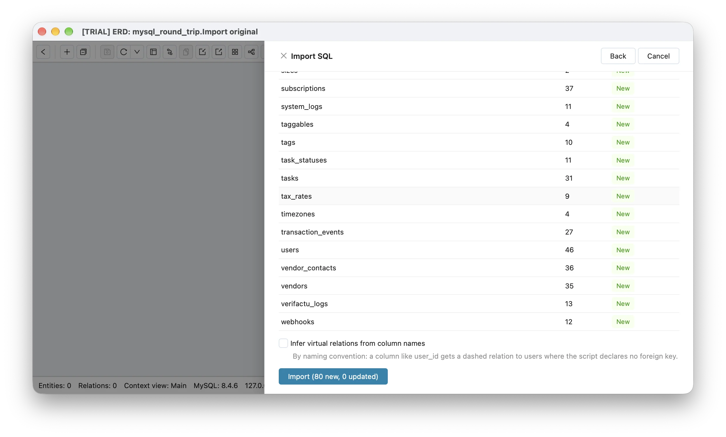 Schemity's Import SQL summary for Invoice Ninja's mysqldump on an empty diagram: the last rows of the table list, from subscriptions to webhooks, each marked New with its column count, and the button Import (80 new, 0 updated)