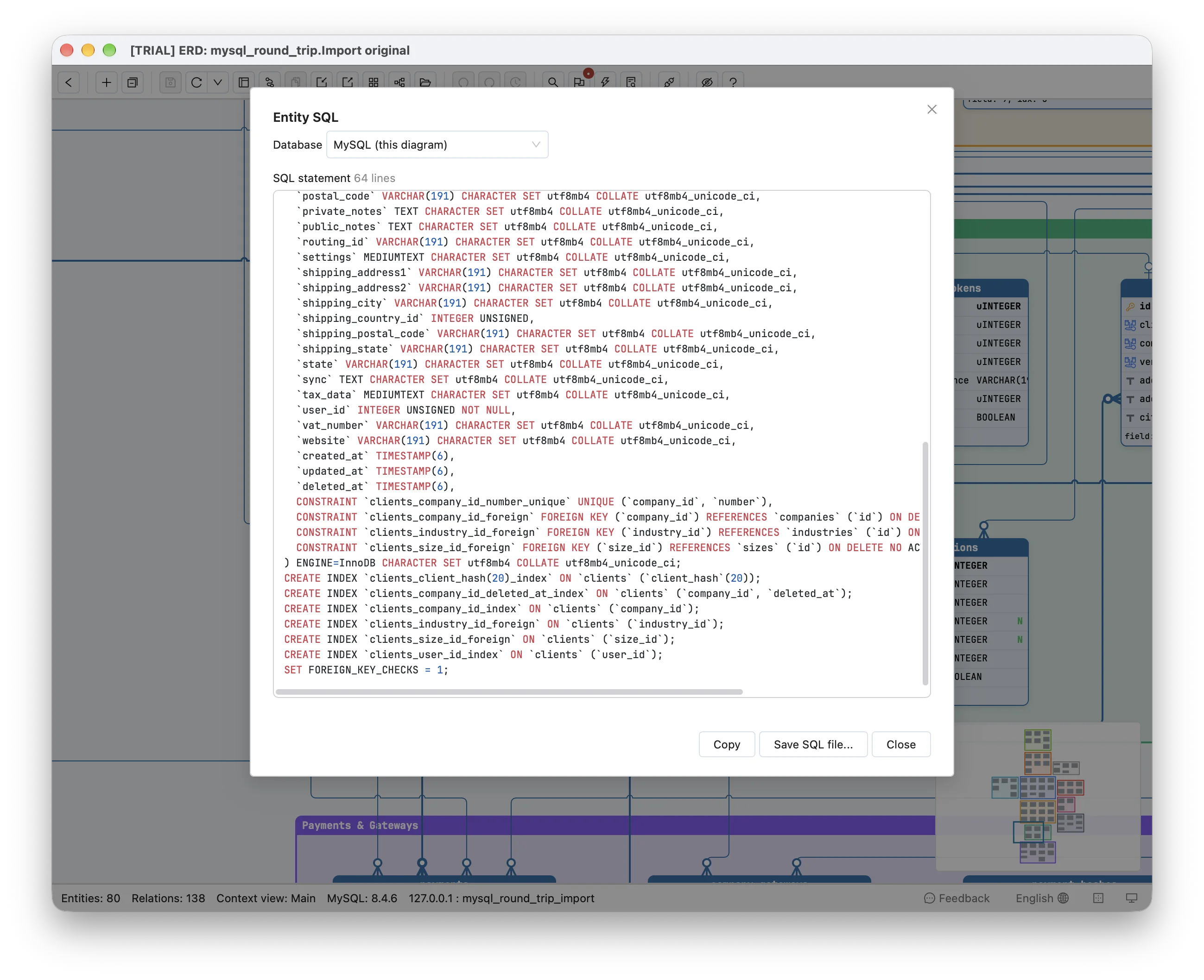 Schemity's Entity SQL dialog for Invoice Ninja's clients table, in the diagram imported from its dump, scrolled to the end: text columns with CHARACTER SET utf8mb4 COLLATE utf8mb4_unicode_ci, created_at, updated_at and deleted_at as TIMESTAMP(6), the table's ENGINE=InnoDB CHARACTER SET utf8mb4 COLLATE utf8mb4_unicode_ci, and CREATE INDEX clients_client_hash(20)_index ON clients (client_hash(20))