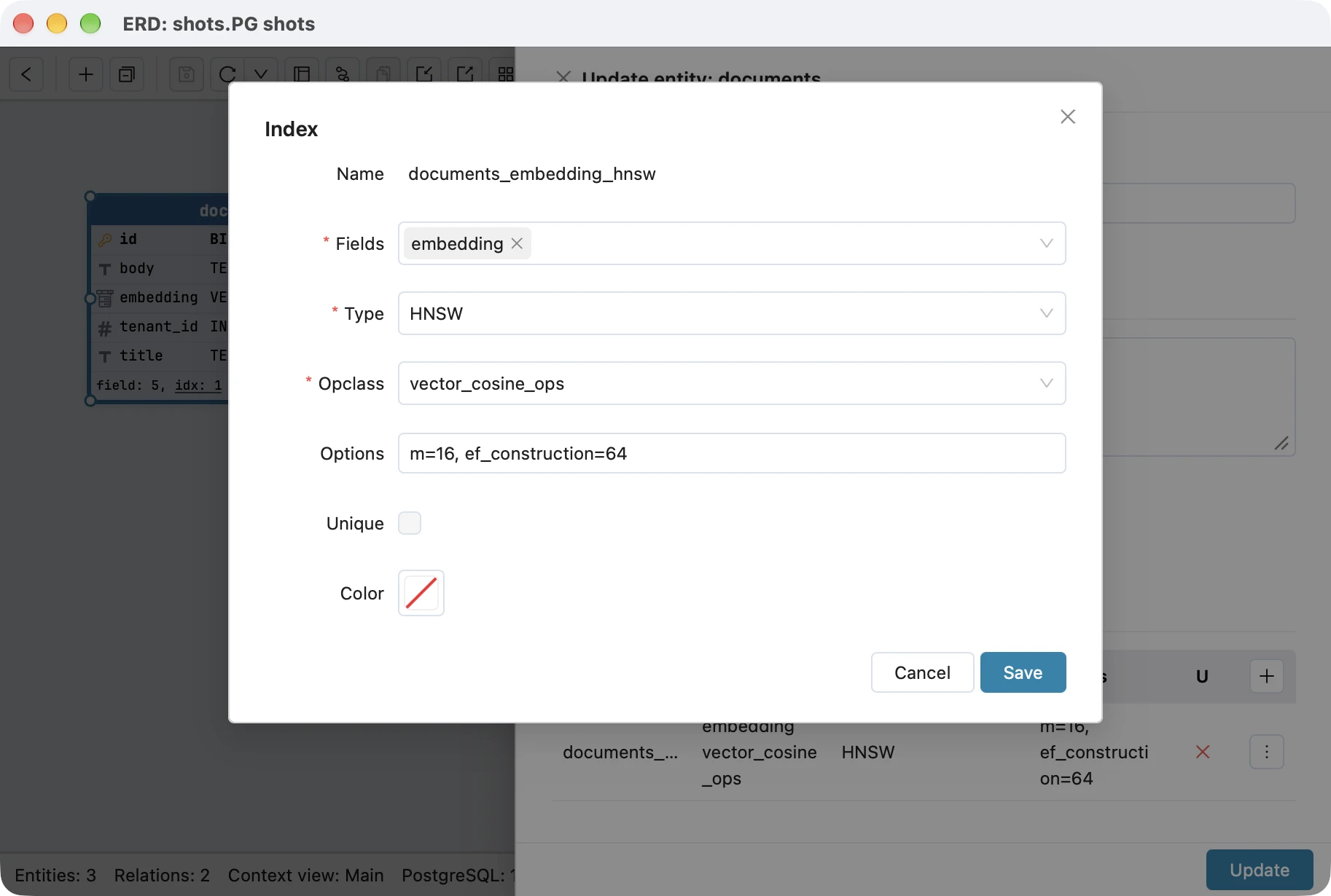Schemity's index dialog for documents_embedding_hnsw: Fields embedding, Type HNSW, Opclass vector_cosine_ops, Options m=16, ef_construction=64, Unique unticked