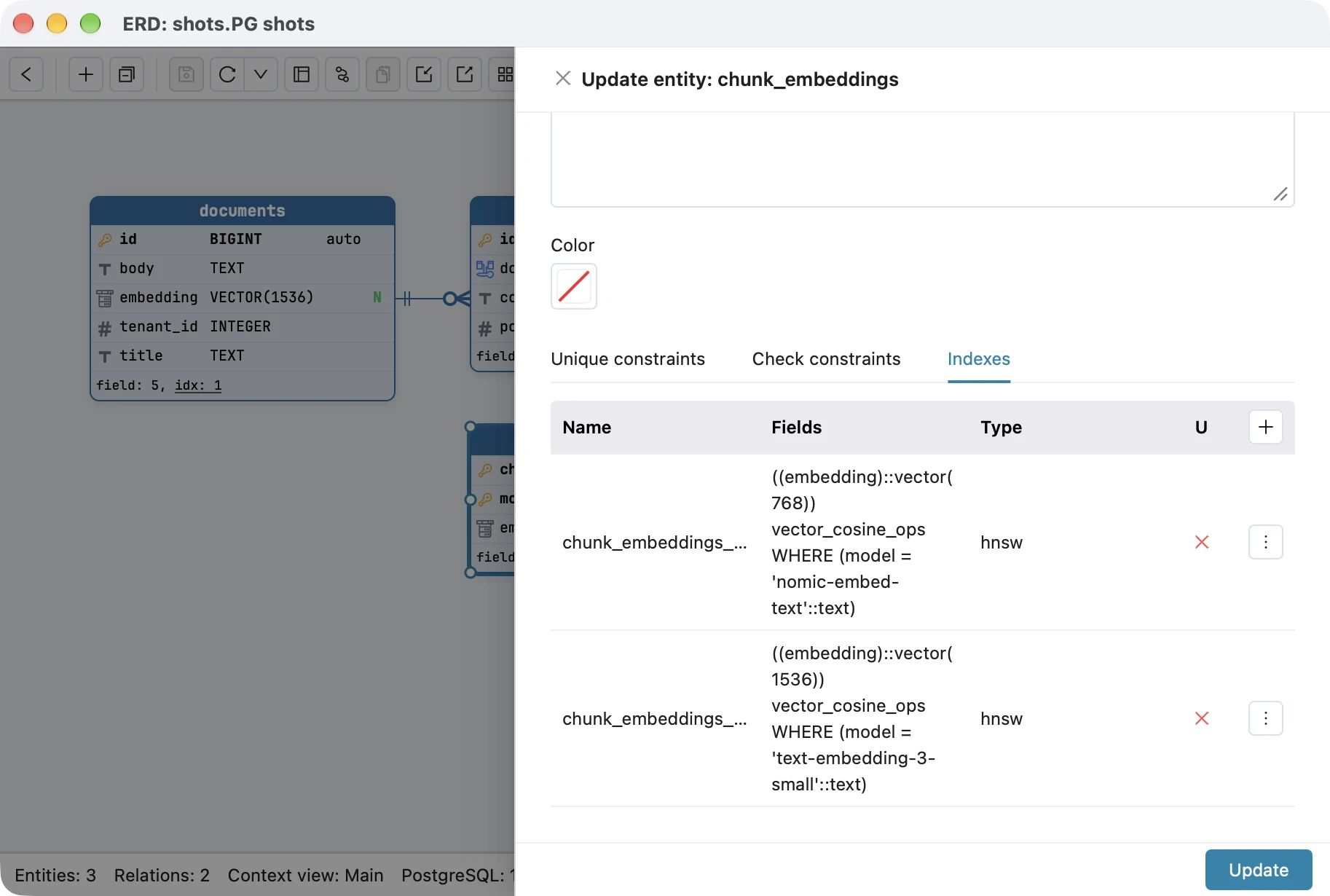 The Indexes list of chunk_embeddings in Schemity's entity editor: two hnsw indexes, each with its cast expression ((embedding)::vector(768)) or ((embedding)::vector(1536)), its vector_cosine_ops operator class and its WHERE model = ... condition, read from the live database