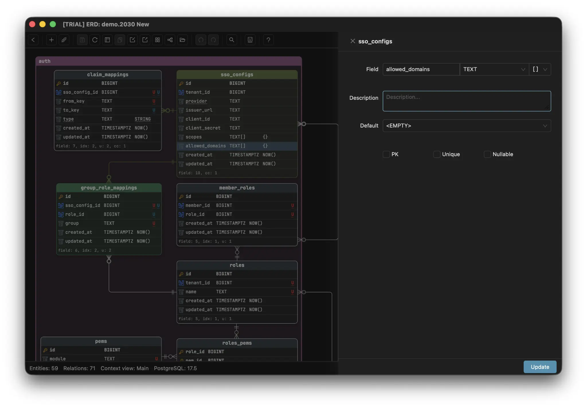 Schemity's field editor on the sso_configs entity: allowed_domains typed as TEXT with a separate [ ] array toggle beside the type dropdown, while the canvas behind it renders scopes and allowed_domains as TEXT[] with their {} defaults, and member_roles and roles_pems sit nearby as real junction tables joined by crow's foot lines