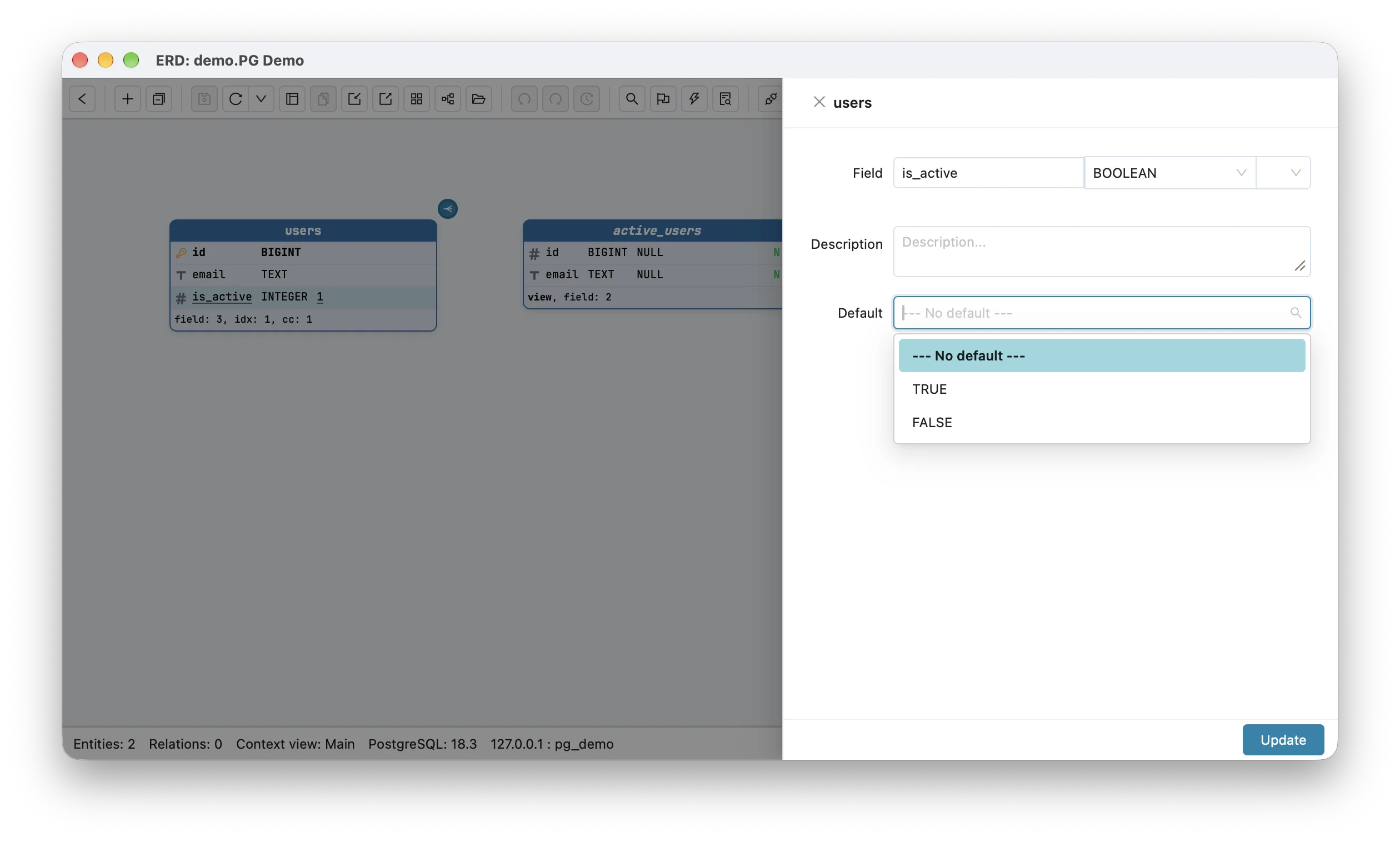 Schemity's field dialog for users.is_active after its type is switched from INTEGER to BOOLEAN: the Default dropdown is open with No default, TRUE and FALSE, and the integer default 1 is gone; behind it the canvas still shows is_active as INTEGER with default 1 and one check constraint, next to the active_users view