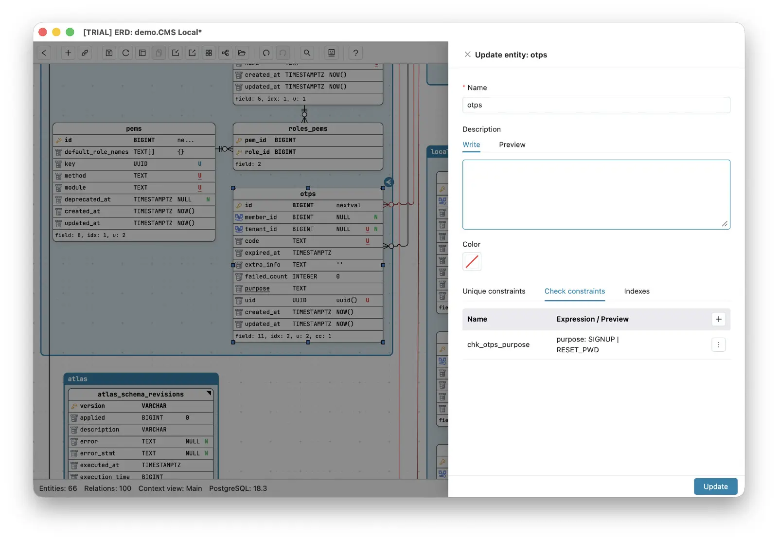 The otps entity in Schemity with the purpose field underlined on the canvas, and the entity's Check constraints tab listing chk_otps_purpose with the allowed values SIGNUP and RESET_PWD