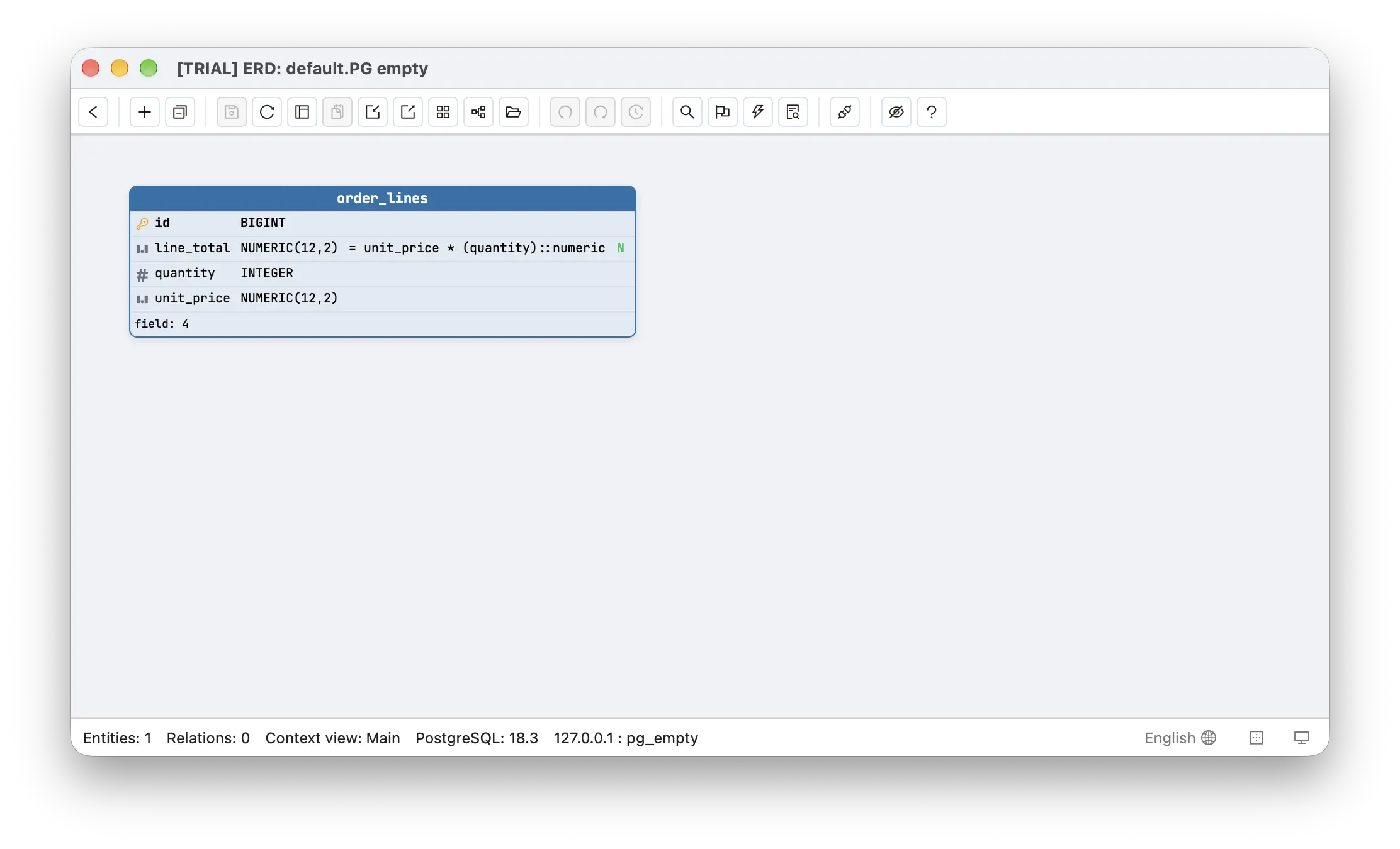 Schemity canvas showing the order_lines table read from a live PostgreSQL 18.3 database: id BIGINT as the primary key, line_total NUMERIC(12,2) with = unit_price * (quantity)::numeric in its default cell and an N marker for nullable, quantity INTEGER, and unit_price NUMERIC(12,2)