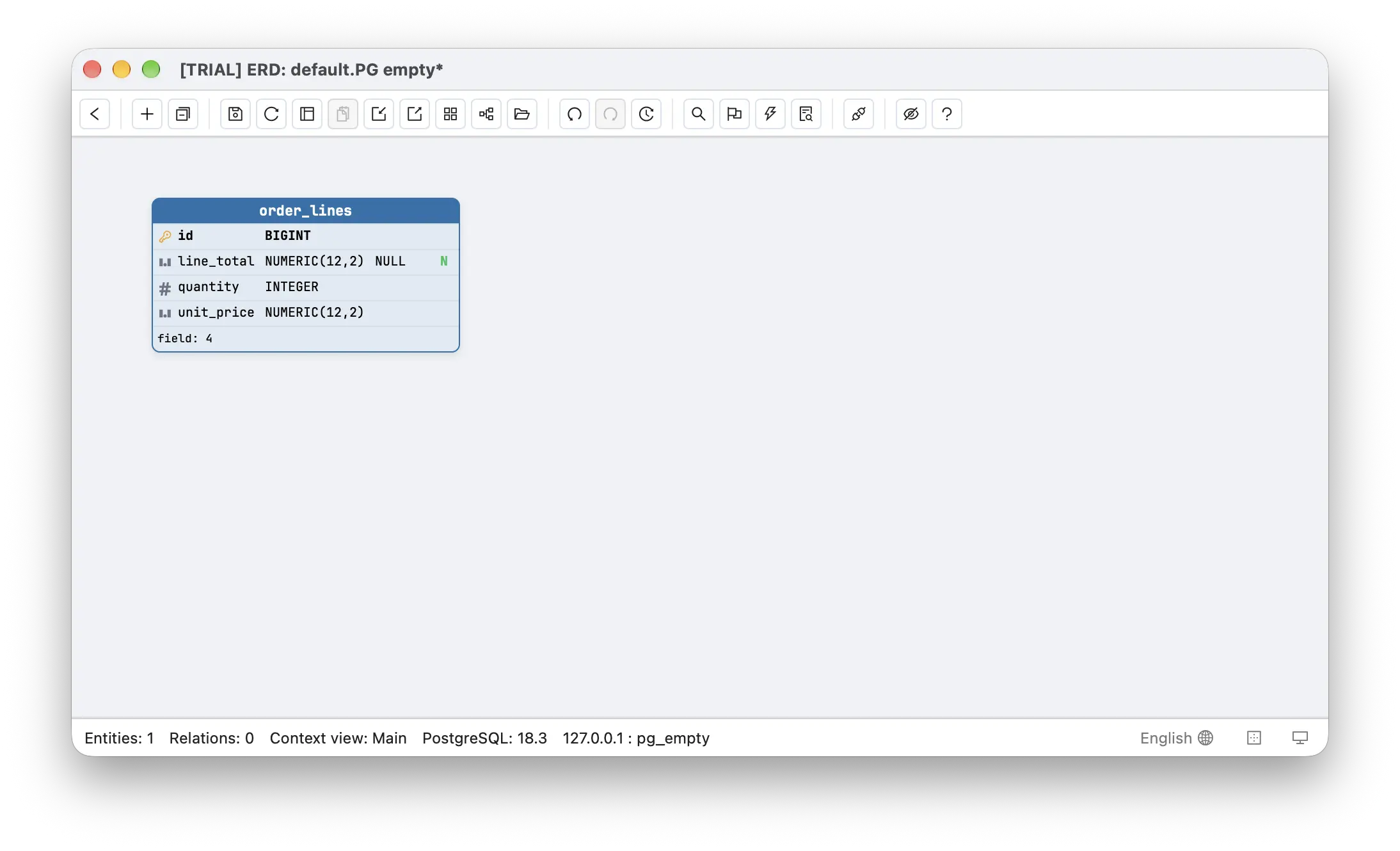 Schemity canvas showing the trigger version of order_lines read from PostgreSQL 18.3: id BIGINT, line_total NUMERIC(12,2) with NULL in its default cell and an N marker, quantity INTEGER, and unit_price NUMERIC(12,2), with nothing marking line_total as maintained by a trigger