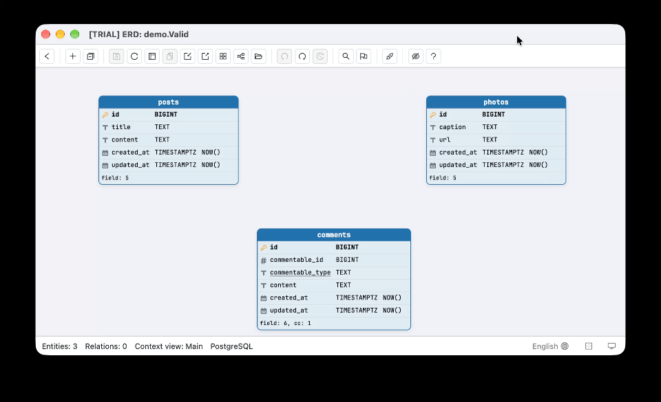Creating a virtual relation in Schemity: dragging a relation from posts to comments, switching the relation dialog to the Virtual relation tab, picking the existing commentable_id column, typing the description Post comments and saving, after which a dashed line labelled Post comments joins posts to comments