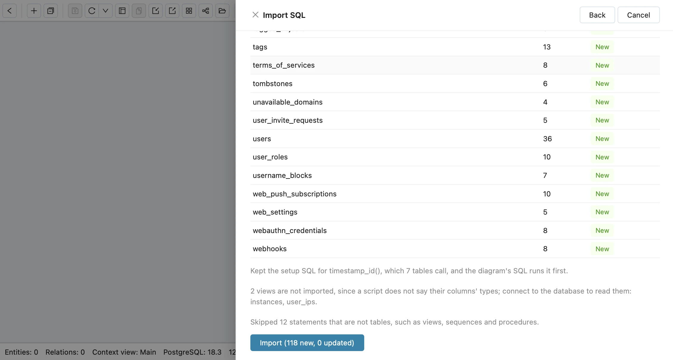Schemity's Import SQL summary for Mastodon's pg_dump: the last rows of the table list, each marked New, then the lines Kept the setup SQL for timestamp_id(), which 7 tables call, and the diagram's SQL runs it first; 2 views are not imported (instances, user_ips); Skipped 12 statements; and the button Import (118 new, 0 updated)