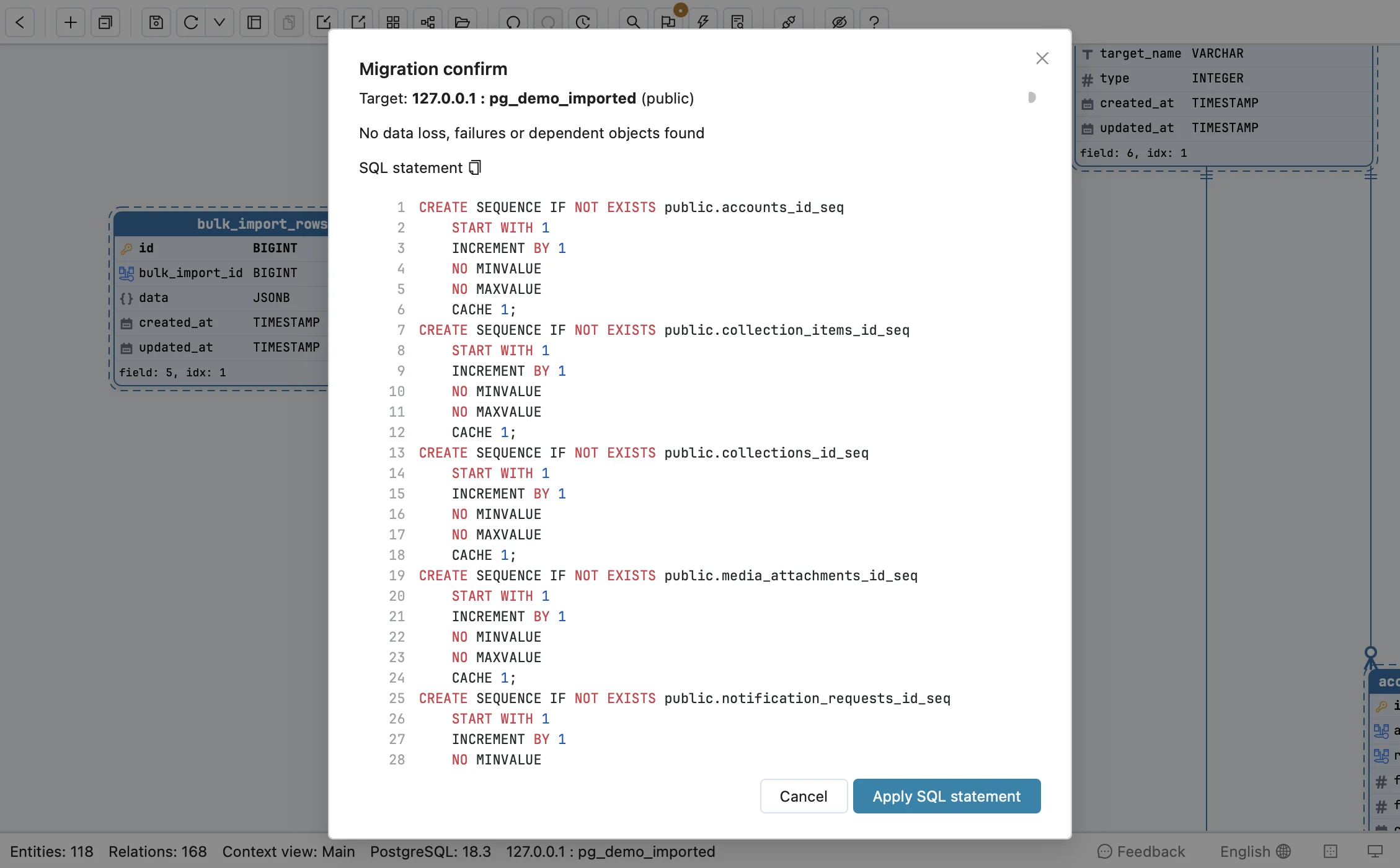 Schemity's Migration confirm dialog for an empty database, pg_demo_imported, reporting no data loss, failures or dependent objects, whose SQL begins with CREATE SEQUENCE IF NOT EXISTS public.accounts_id_seq and the other sequences timestamp_id() reads, ahead of the tables