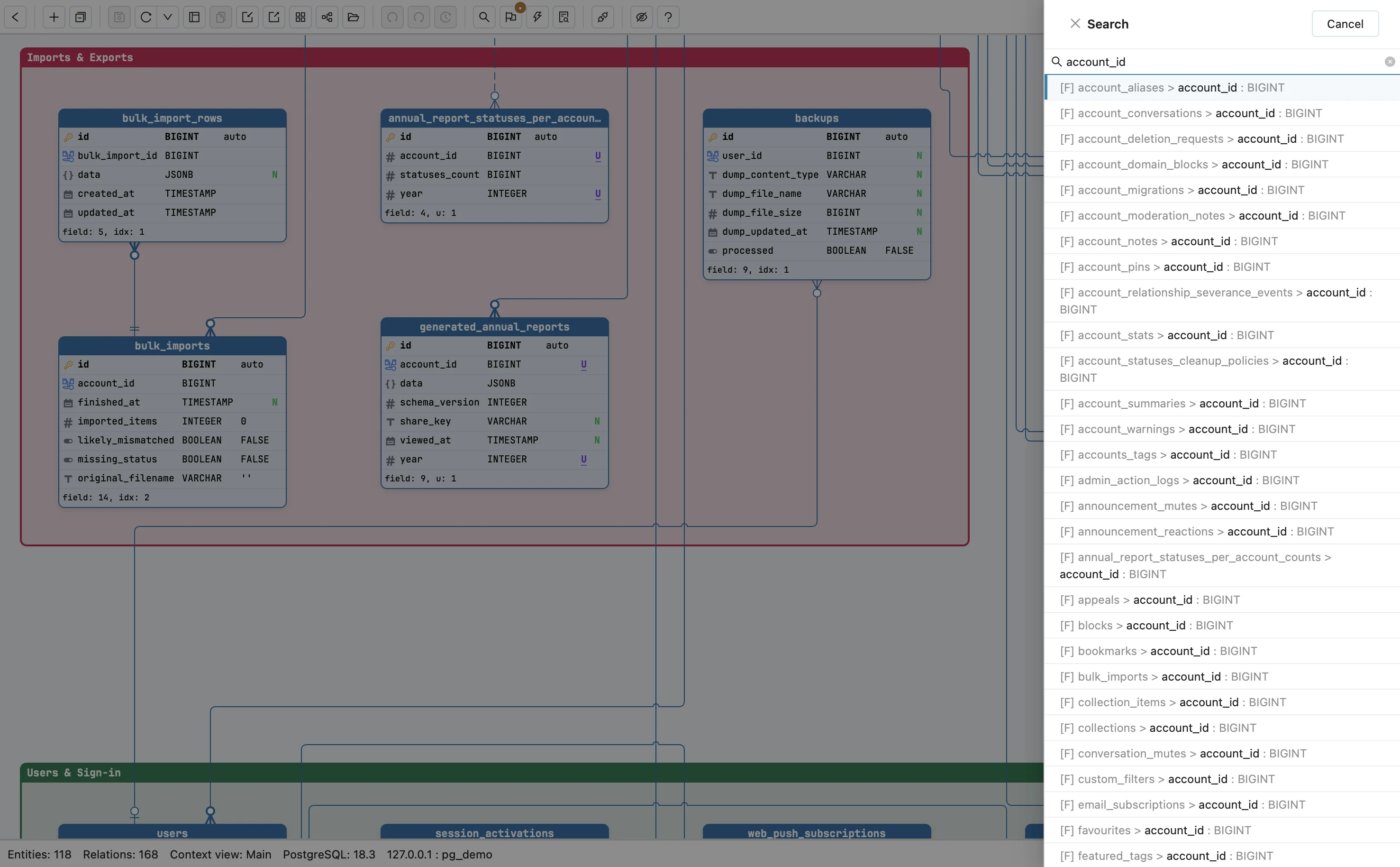 Schemity's search panel over the Mastodon diagram with the query account_id, listing the account_id column of account_aliases, account_conversations, account_deletion_requests and dozens more tables, each as table, column and BIGINT
