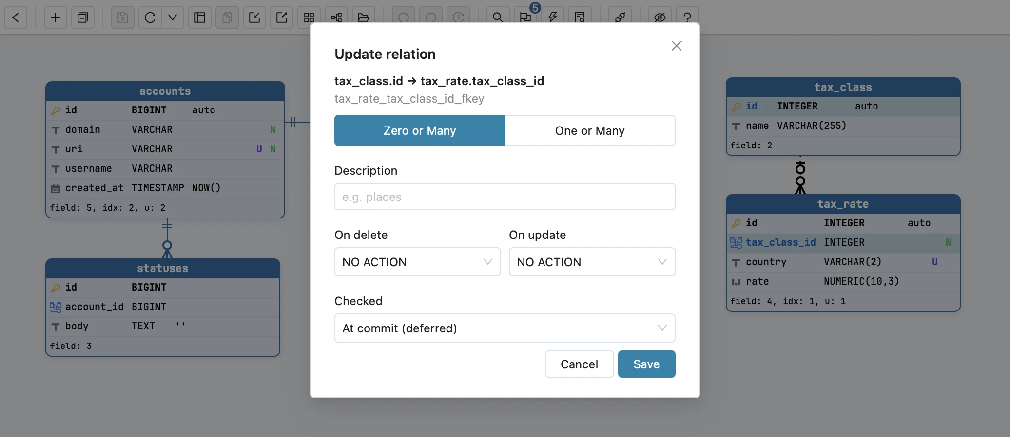 Schemity's Update relation dialog for tax_class.id to tax_rate.tax_class_id, constraint tax_rate_tax_class_id_fkey, with On delete and On update set to NO ACTION and Checked set to At commit (deferred)