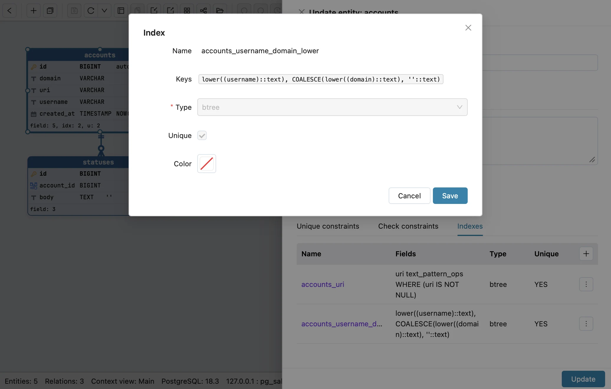 Schemity's index dialog for accounts_username_domain_lower: Keys lower((username)::text), COALESCE(lower((domain)::text), ''::text), Type btree, Unique ticked; behind it the accounts index list also shows accounts_uri as uri text_pattern_ops WHERE (uri IS NOT NULL)