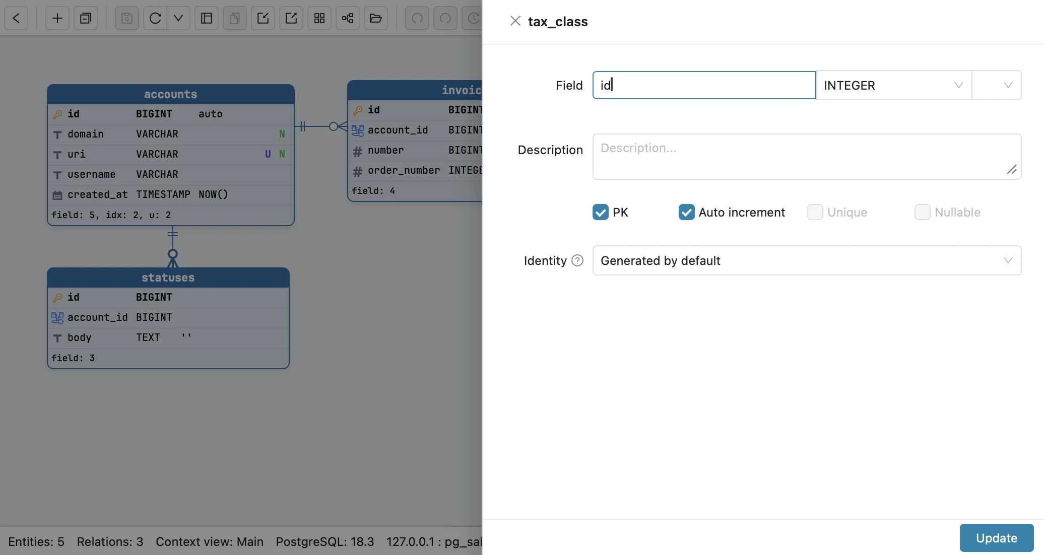 Schemity's field dialog for tax_class.id, an INTEGER column with PK and Auto increment ticked and Identity set to Generated by default