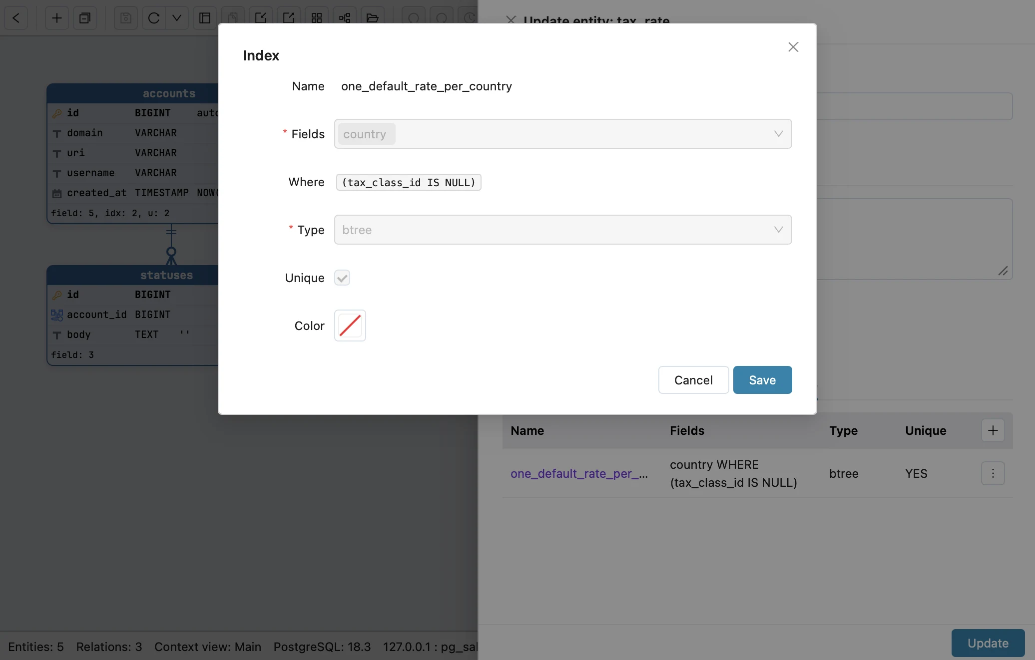 Schemity's index dialog for one_default_rate_per_country on tax_rate: Fields country, Where (tax_class_id IS NULL), Type btree, Unique ticked; behind it the table's index list shows the same index as country WHERE (tax_class_id IS NULL)