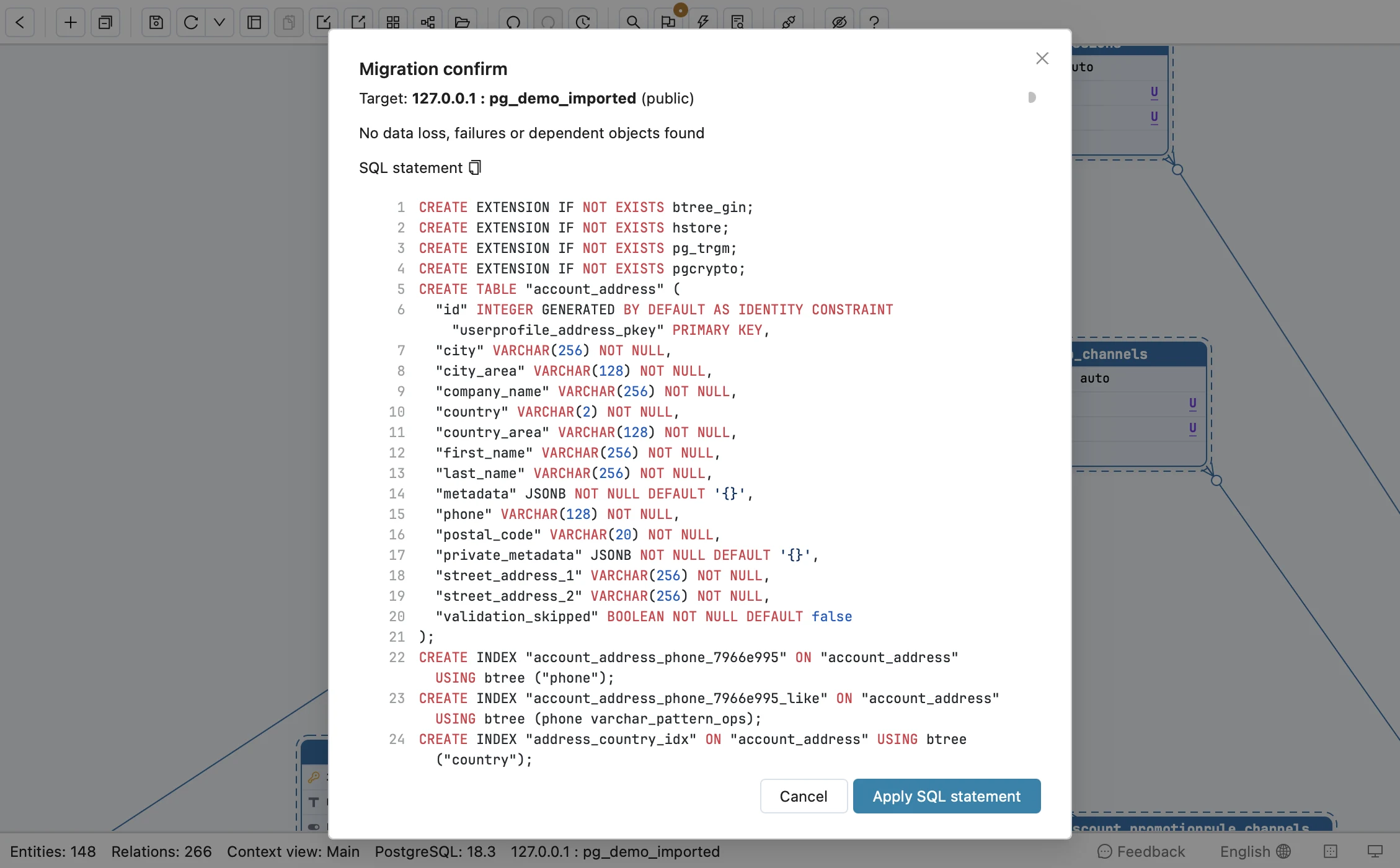 Schemity's Migration confirm dialog for an empty database whose SQL begins with CREATE EXTENSION IF NOT EXISTS for btree_gin, hstore, pg_trgm and pgcrypto, then CREATE TABLE account_address with its id GENERATED BY DEFAULT AS IDENTITY