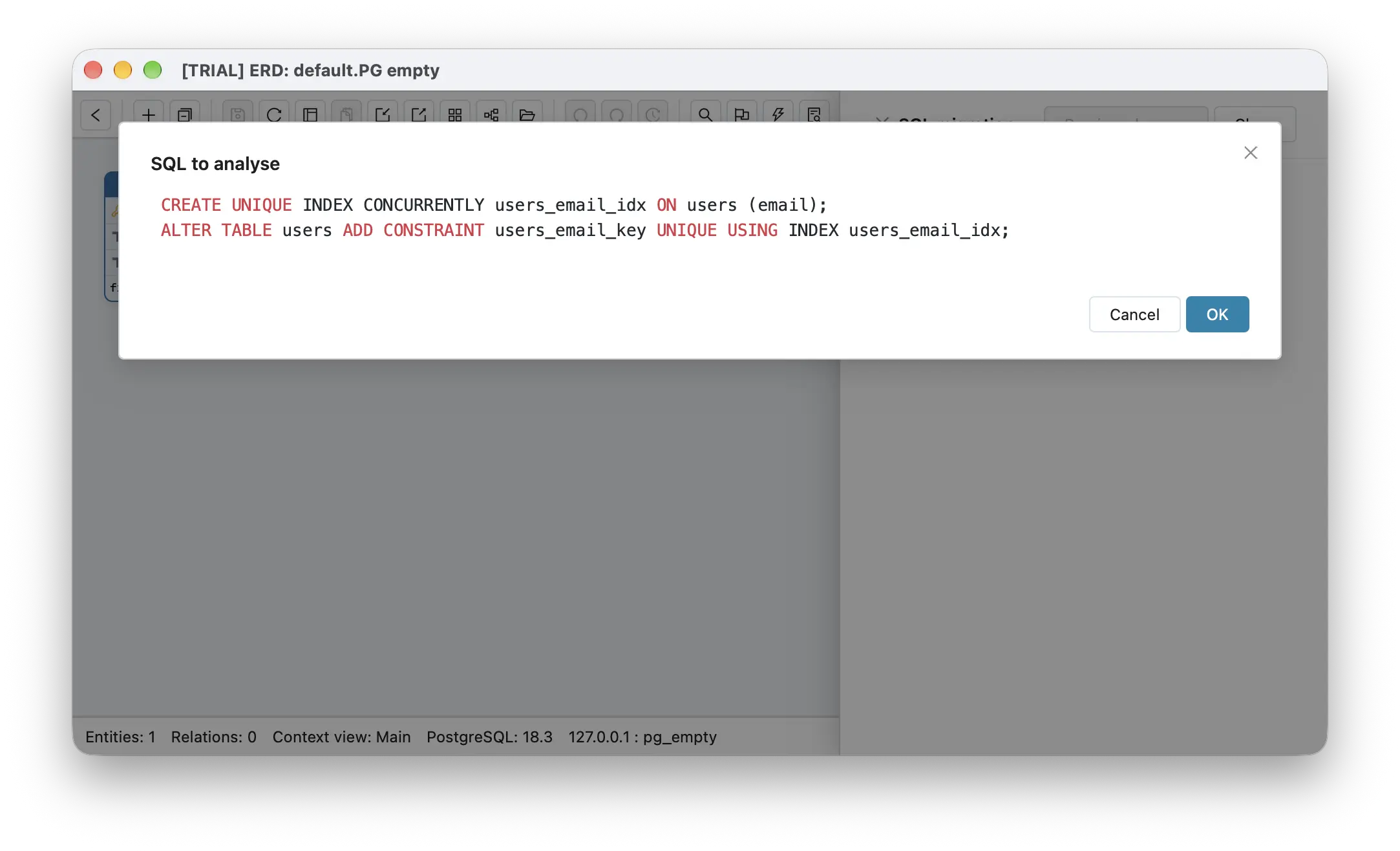Schemity's SQL to analyse dialog holding the two-statement recipe: CREATE UNIQUE INDEX CONCURRENTLY users_email_idx ON users (email), then ALTER TABLE users ADD CONSTRAINT users_email_key UNIQUE USING INDEX users_email_idx