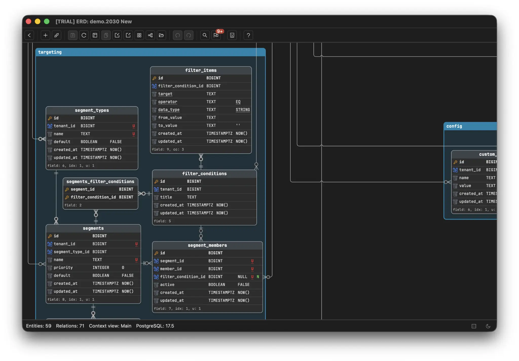 The same Schemity ERD with the lint drawer closed. The canvas fills the window and carries no lint markings, while the flag button in the toolbar wears a red badge reading 9+. The status bar reads Entities: 59, Relations: 71, Context view: Main, PostgreSQL: 17.5