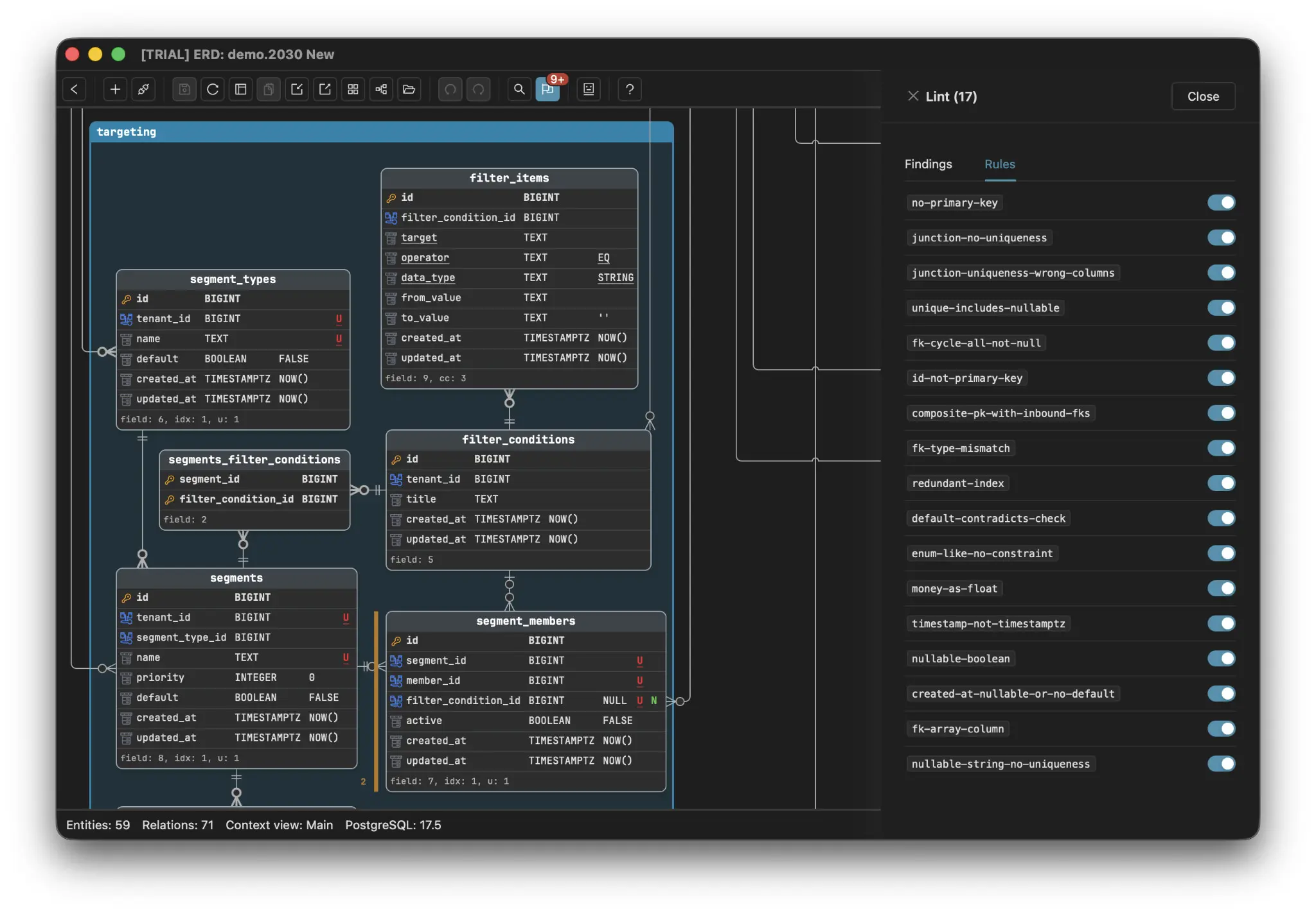 The Schemity lint drawer open on its Rules tab beside a dark-theme PostgreSQL ERD, listing every rule id with its own switch: no-primary-key, junction-no-uniqueness, junction-uniqueness-wrong-columns, unique-includes-nullable, fk-cycle-all-not-null, id-not-primary-key, composite-pk-with-inbound-fks, fk-type-mismatch, redundant-index, default-contradicts-check, enum-like-no-constraint, money-as-float, timestamp-not-timestamptz, nullable-boolean, created-at-nullable-or-no-default, fk-array-column and nullable-string-no-uniqueness, all switched on