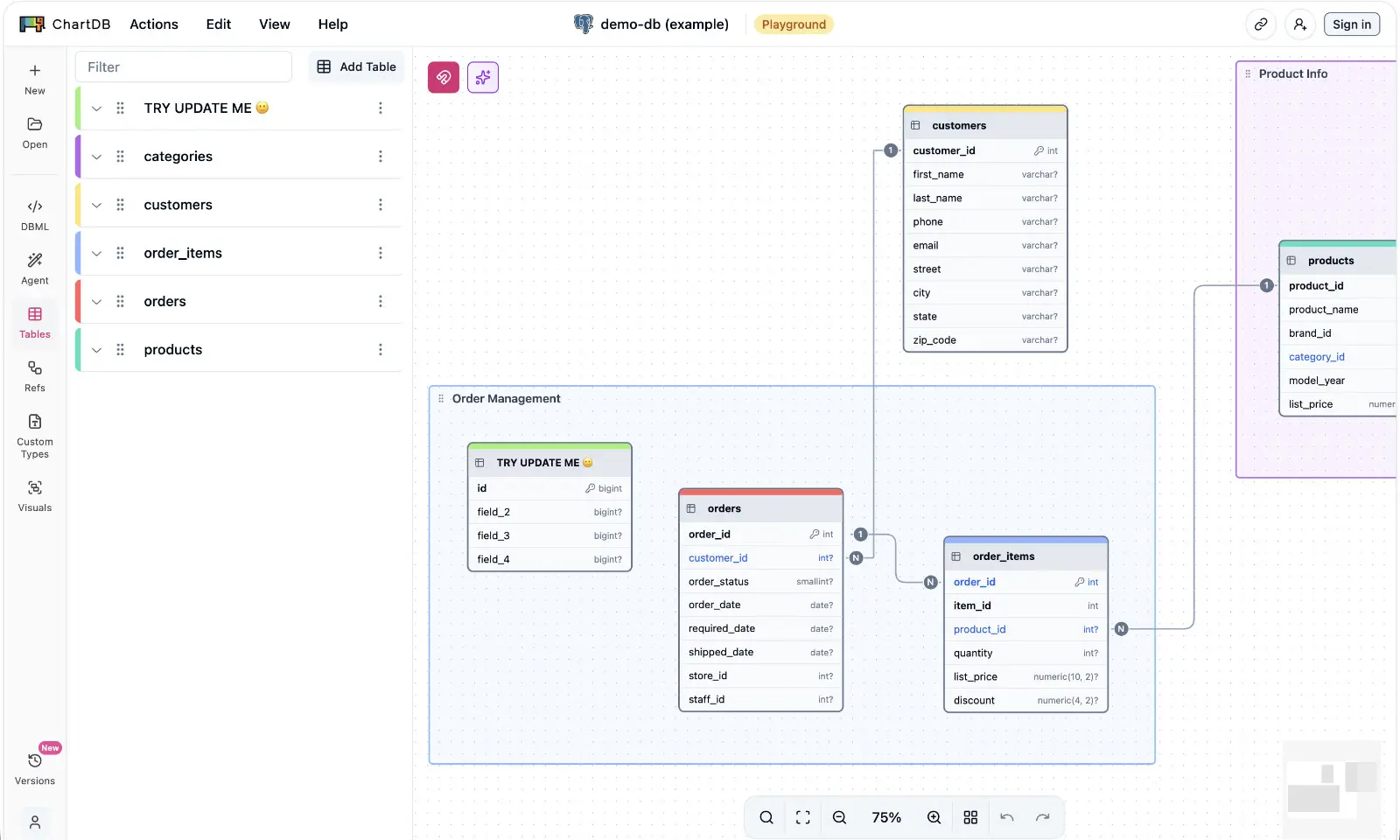 ChartDB running in the browser: a web-based schema visualizer with a table sidebar, DBML view, AI agent, and sign-in