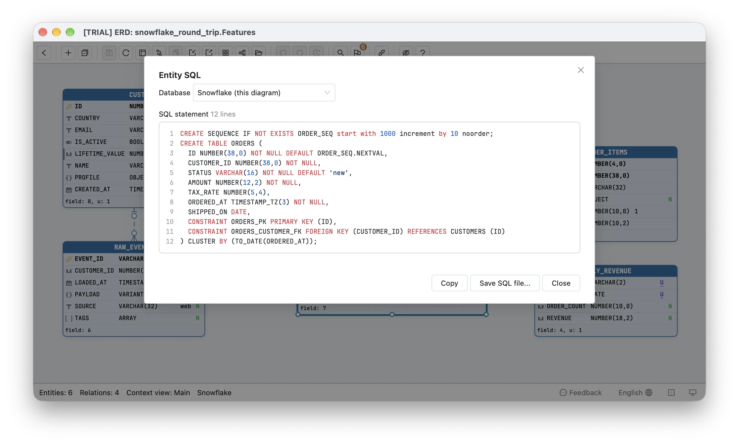 View SQL of ORDERS in Schemity: CREATE SEQUENCE IF NOT EXISTS ORDER_SEQ start with 1000 increment by 10 noorder, then CREATE TABLE ORDERS with ID NUMBER(38,0) NOT NULL DEFAULT ORDER_SEQ.NEXTVAL, the columns in the script's order, the primary key, the foreign key to CUSTOMERS, and CLUSTER BY (TO_DATE(ORDERED_AT)) after the column list