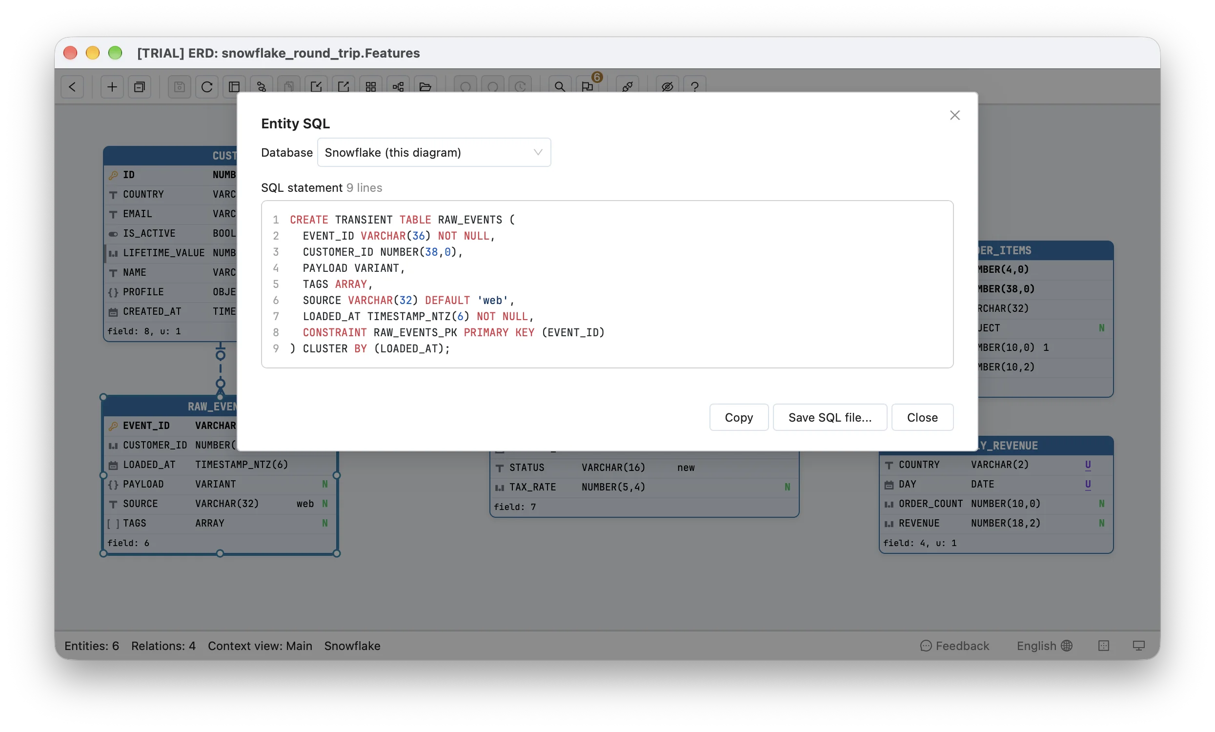 View SQL of RAW_EVENTS in Schemity: CREATE TRANSIENT TABLE RAW_EVENTS with EVENT_ID, CUSTOMER_ID, PAYLOAD VARIANT, TAGS ARRAY, SOURCE with DEFAULT 'web' and LOADED_AT TIMESTAMP_NTZ(6) in the script's order, the primary key, and CLUSTER BY (LOADED_AT) after the column list, with no foreign key for CUSTOMER_ID