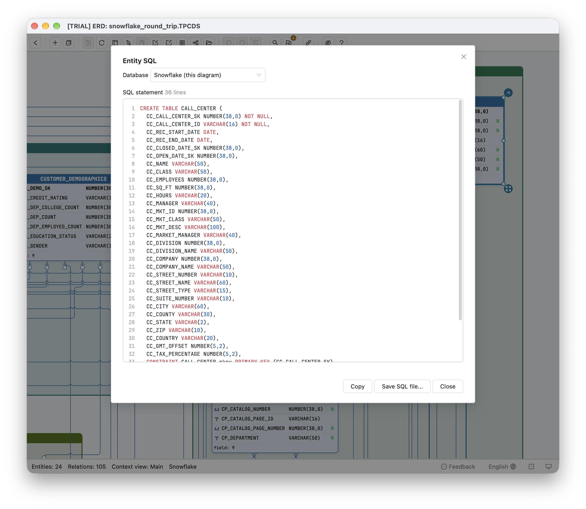 View SQL of TPC-DS's CALL_CENTER in Schemity, the first 32 of its 36 lines: CREATE TABLE CALL_CENTER with CC_CALL_CENTER_SK NUMBER(38,0) NOT NULL and no AUTOINCREMENT, followed by the rest of its columns in their declared order