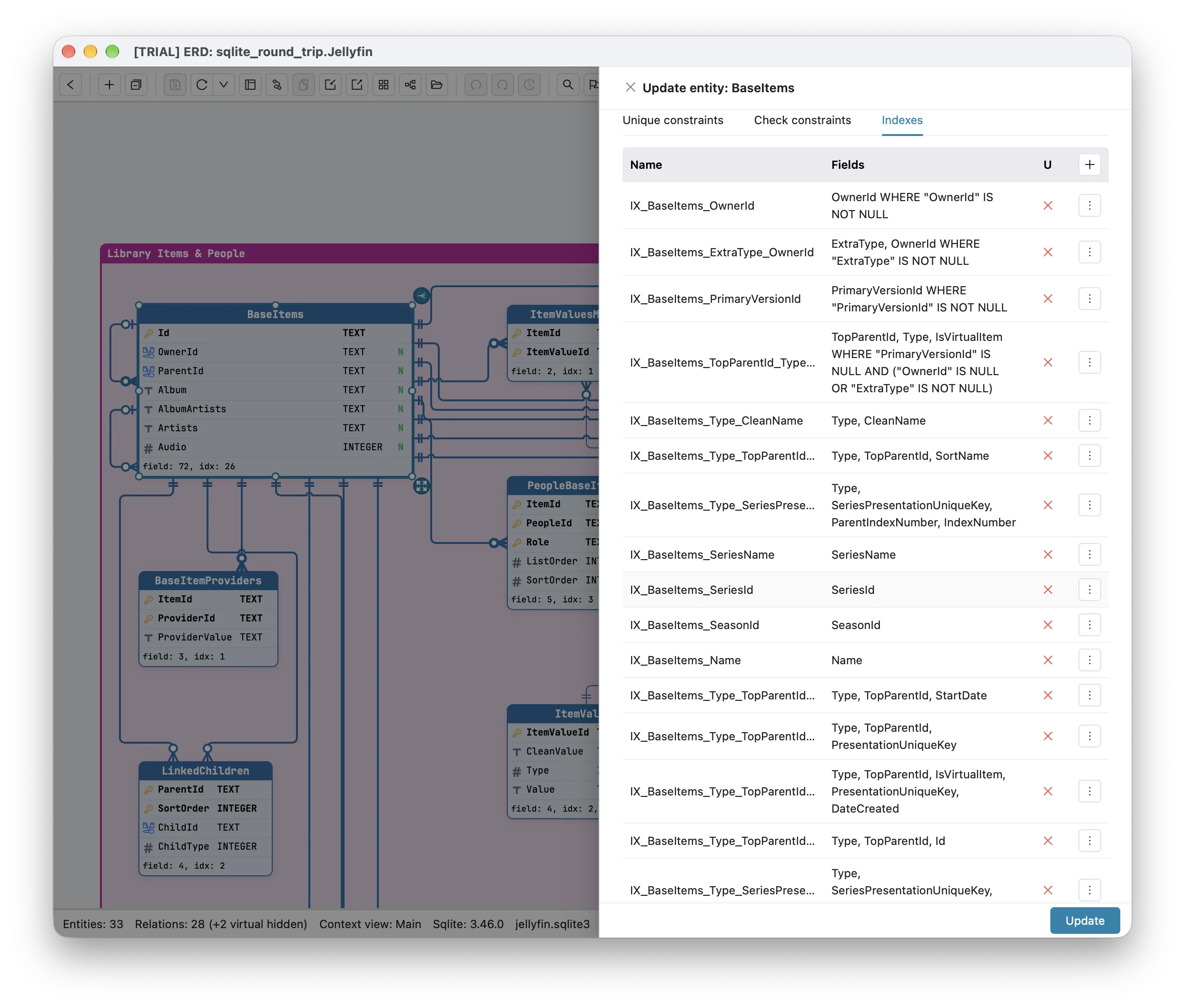 The Indexes tab of Jellyfin's BaseItems in Schemity: IX_BaseItems_OwnerId on OwnerId WHERE "OwnerId" IS NOT NULL, IX_BaseItems_ExtraType_OwnerId WHERE "ExtraType" IS NOT NULL, IX_BaseItems_PrimaryVersionId WHERE "PrimaryVersionId" IS NOT NULL and IX_BaseItems_TopParentId_Type_IsVirtualItem WHERE "PrimaryVersionId" IS NULL AND ("OwnerId" IS NULL OR "ExtraType" IS NOT NULL), followed by the plain indexes