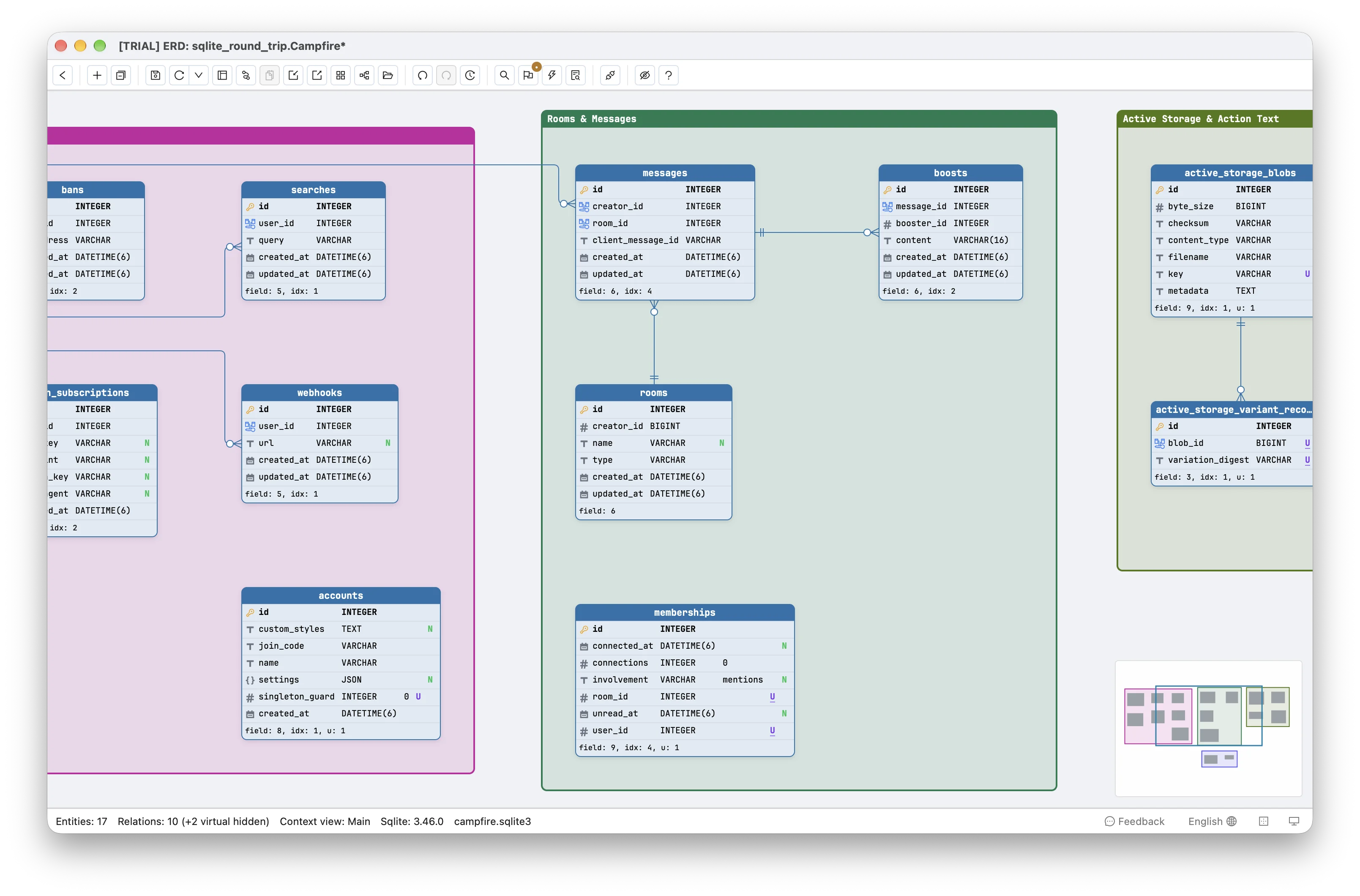 Part of the Campfire diagram read from the live database file, with the Accounts & Users and Rooms & Messages legends in view and the minimap in the corner: accounts shows join_code and name as VARCHAR, settings as JSON and created_at as DATETIME(6), rooms.creator_id is BIGINT and boosts.content VARCHAR(16); the status bar reads Entities: 17, Relations: 10 (+2 virtual hidden)