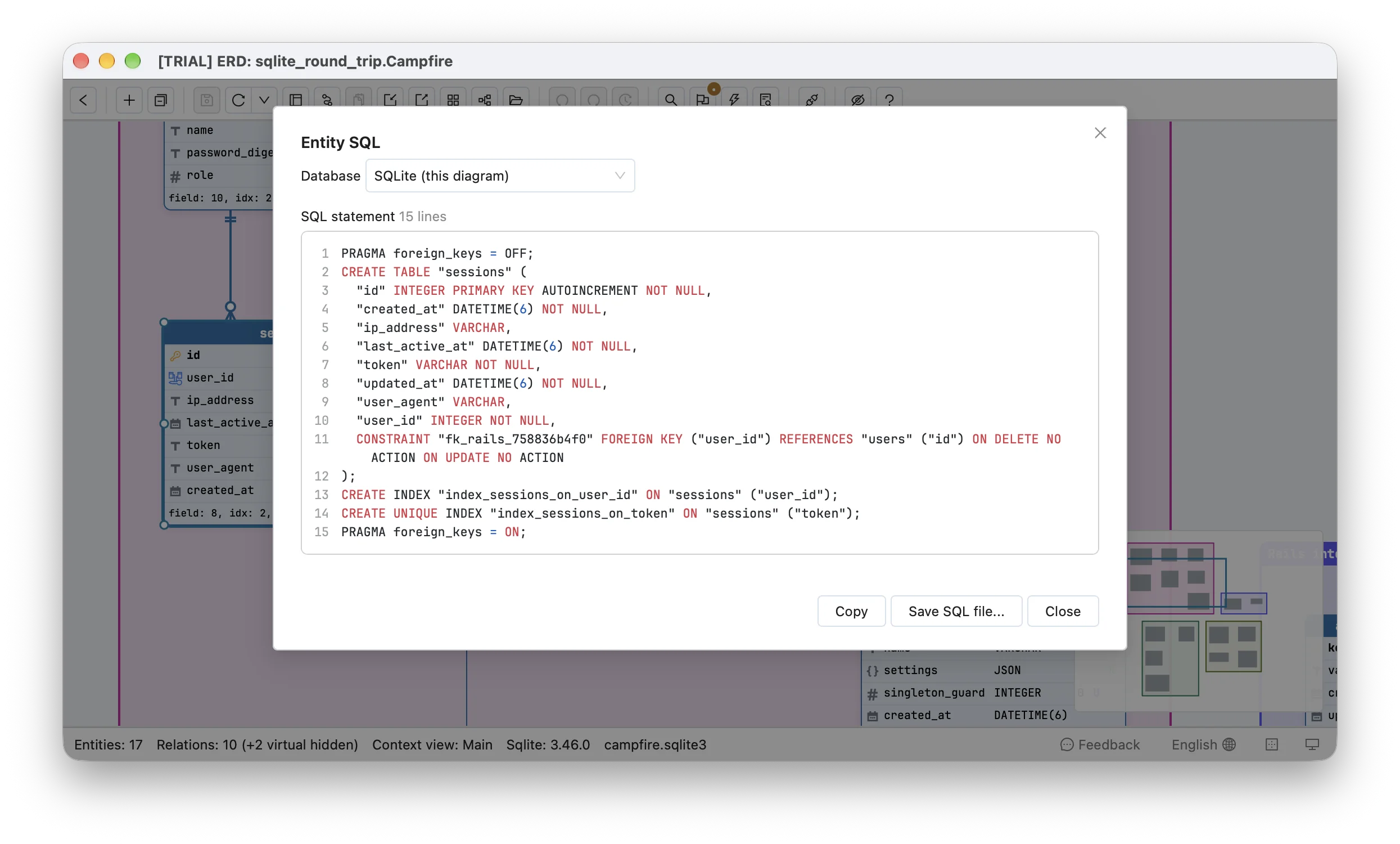 Schemity's Entity SQL dialog for Campfire's sessions: CREATE TABLE "sessions" with "id" INTEGER PRIMARY KEY AUTOINCREMENT NOT NULL, then created_at, ip_address, last_active_at, token, updated_at, user_agent and user_id in the order Campfire declares them, DATETIME(6) and VARCHAR types, CONSTRAINT "fk_rails_758836b4f0" FOREIGN KEY ("user_id") REFERENCES "users" ("id"), and its two indexes; on the canvas behind it the same table lists id, user_id and the rest in Schemity's own order