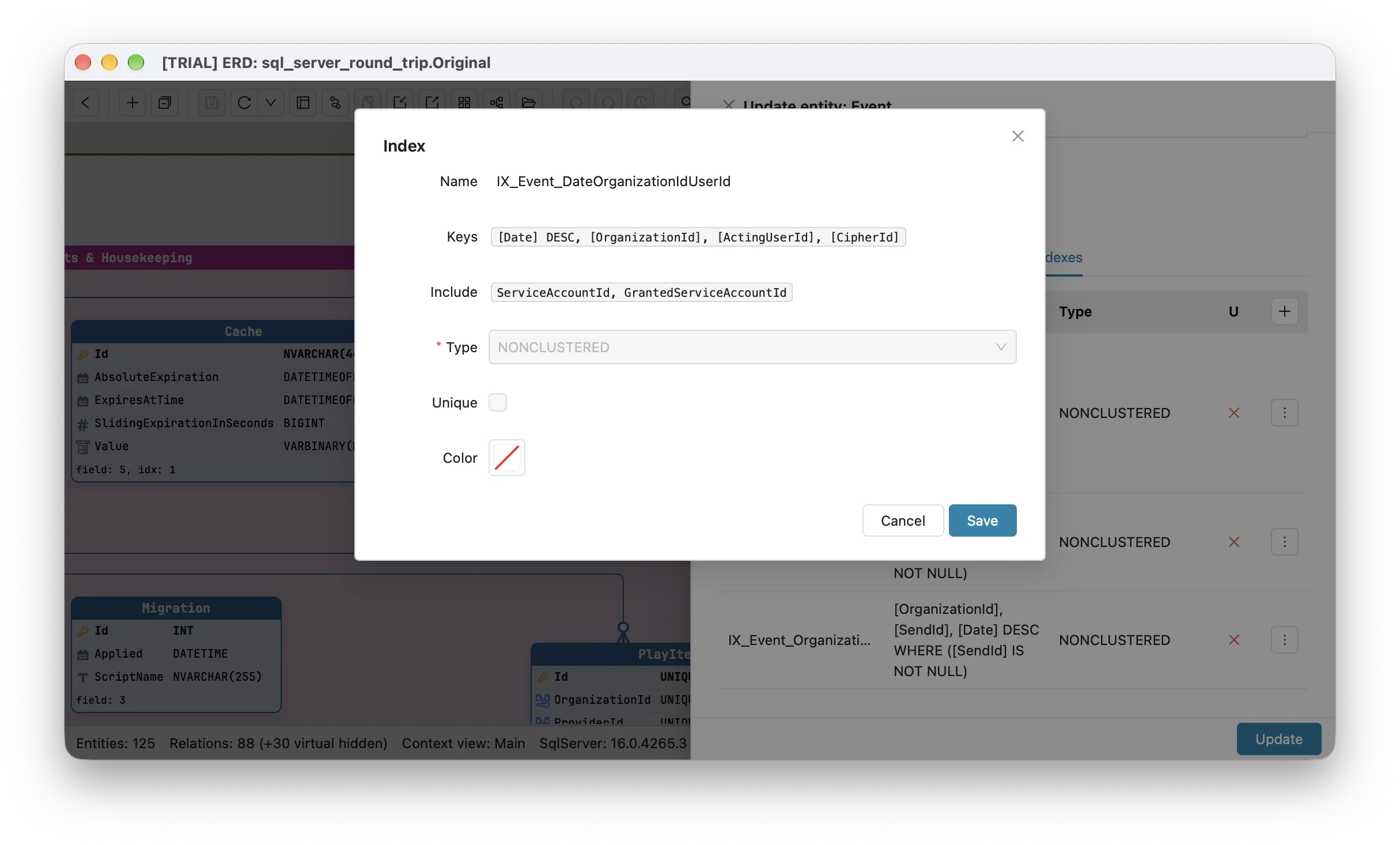 Schemity's index dialog for Bitwarden's IX_Event_DateOrganizationIdUserId: Keys [Date] DESC, [OrganizationId], [ActingUserId], [CipherId], Include ServiceAccountId, GrantedServiceAccountId, Type NONCLUSTERED; behind it, Event's index list shows IX_Event_OrganizationIdSendIdDate with [Date] DESC WHERE ([SendId] IS NOT NULL)