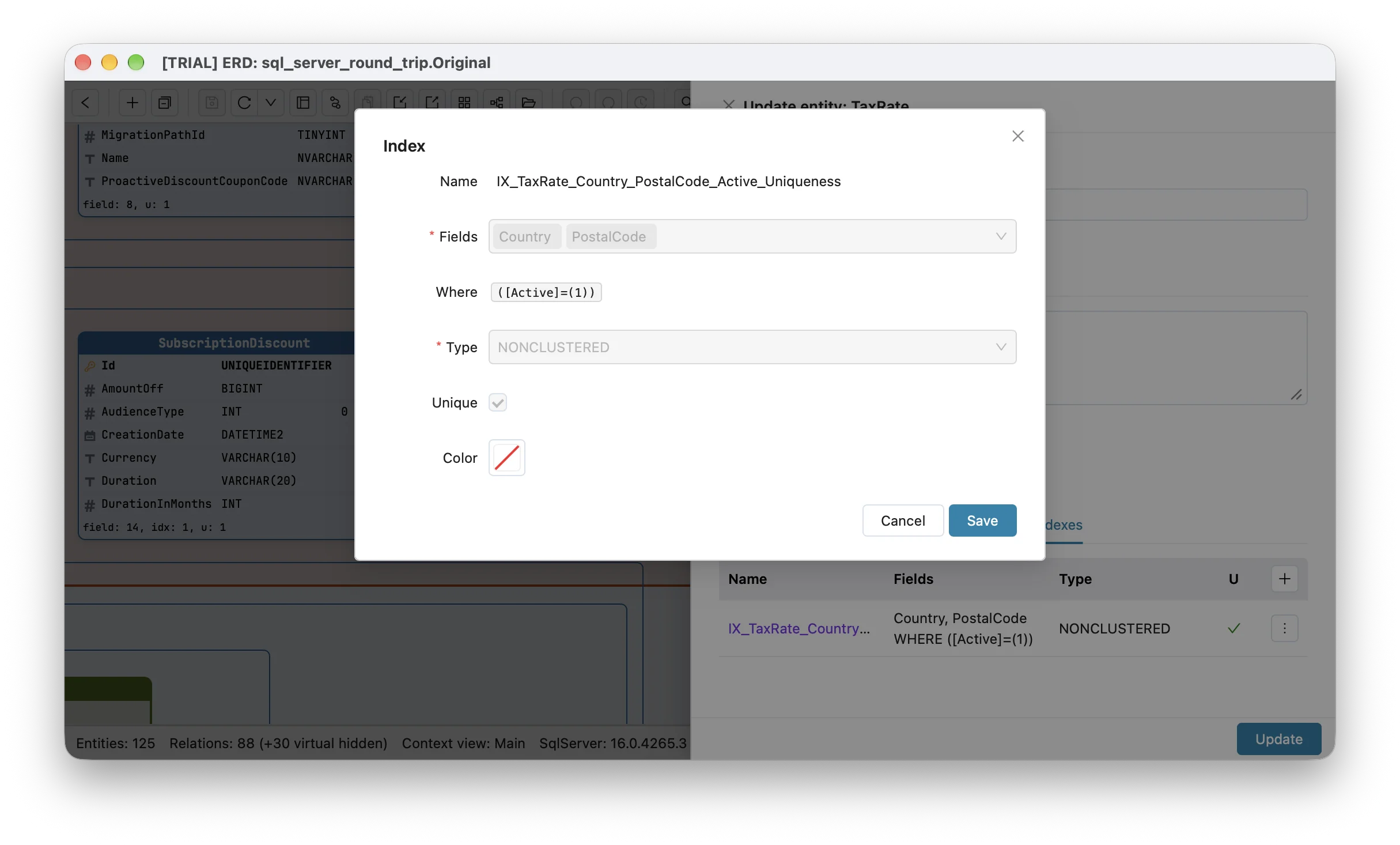 Schemity's index dialog for Bitwarden's IX_TaxRate_Country_PostalCode_Active_Uniqueness: Fields Country and PostalCode, Where ([Active]=(1)), Type NONCLUSTERED and Unique ticked, over TaxRate's index list showing the same WHERE and a tick in the U column