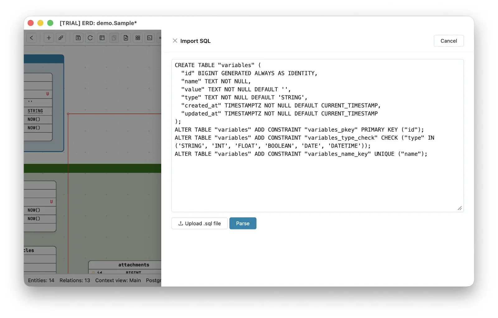 Schemity's Import SQL panel with pasted CREATE TABLE and constraint statements, ready to parse into entities - or upload a whole .sql file