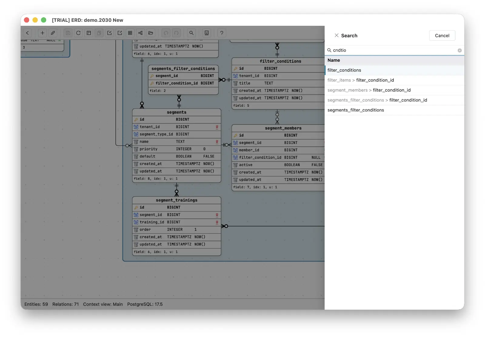 Schemity's search panel over a 59-entity schema: the query cndtio matches the filter_conditions entity plus the filter_condition_id fields in filter_items, segment_members, and segments_filter_conditions