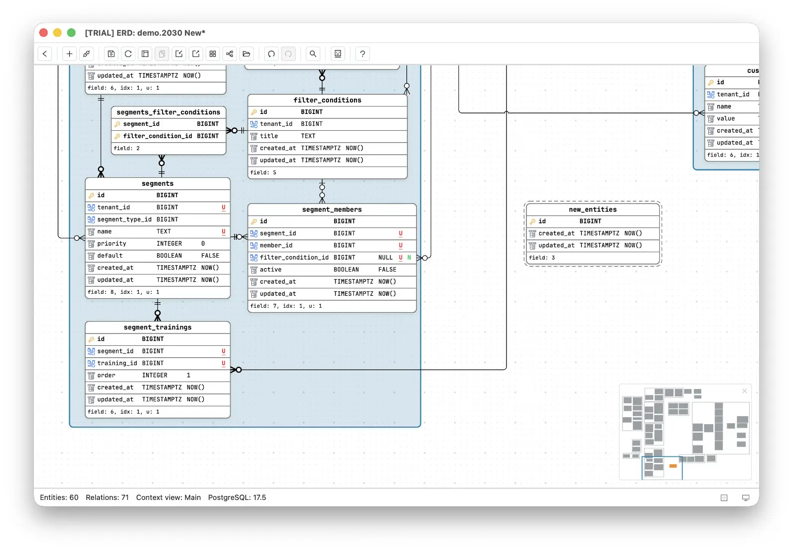 The same schema after a migration added a table: new_entities is drawn with a dashed border on the canvas, and appears as an orange block on the minimap at the bottom right, with the blue viewport rectangle showing the visible region