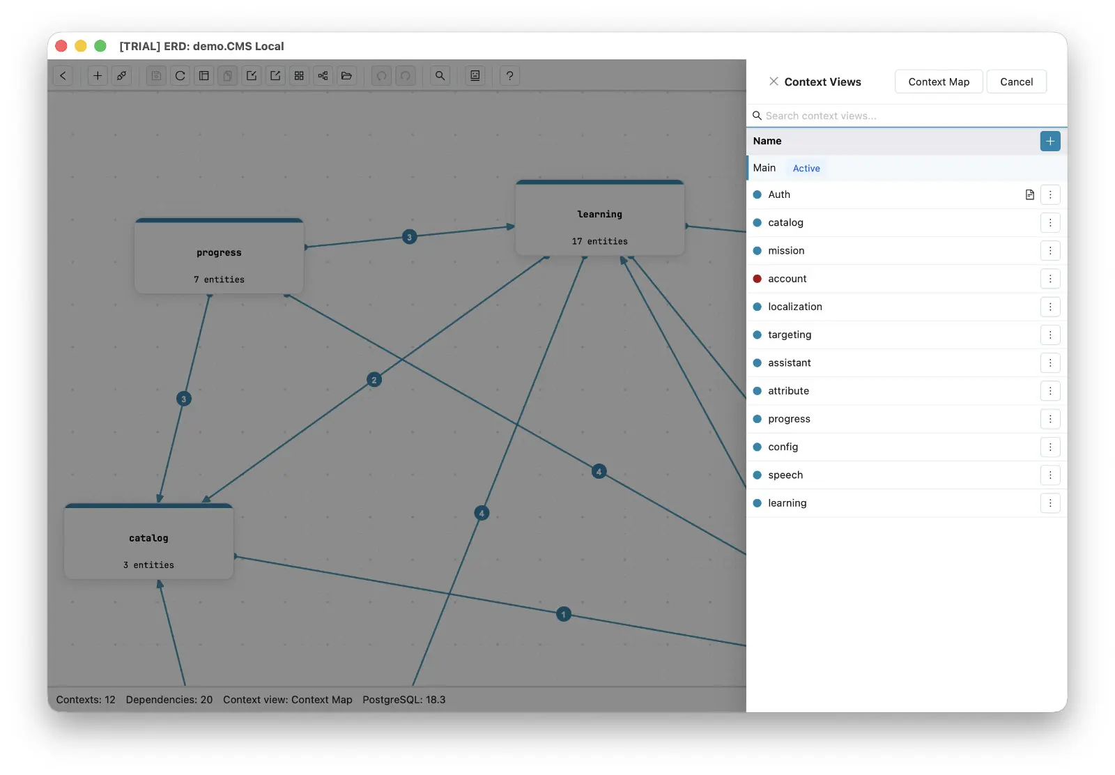 The Context Views panel listing the saved context views in a schema, with the Context Map button in the panel header